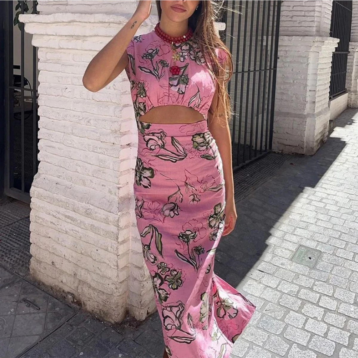Fashion O-neck Summer Floral Print Sleeveless Hollow Out Long Dress