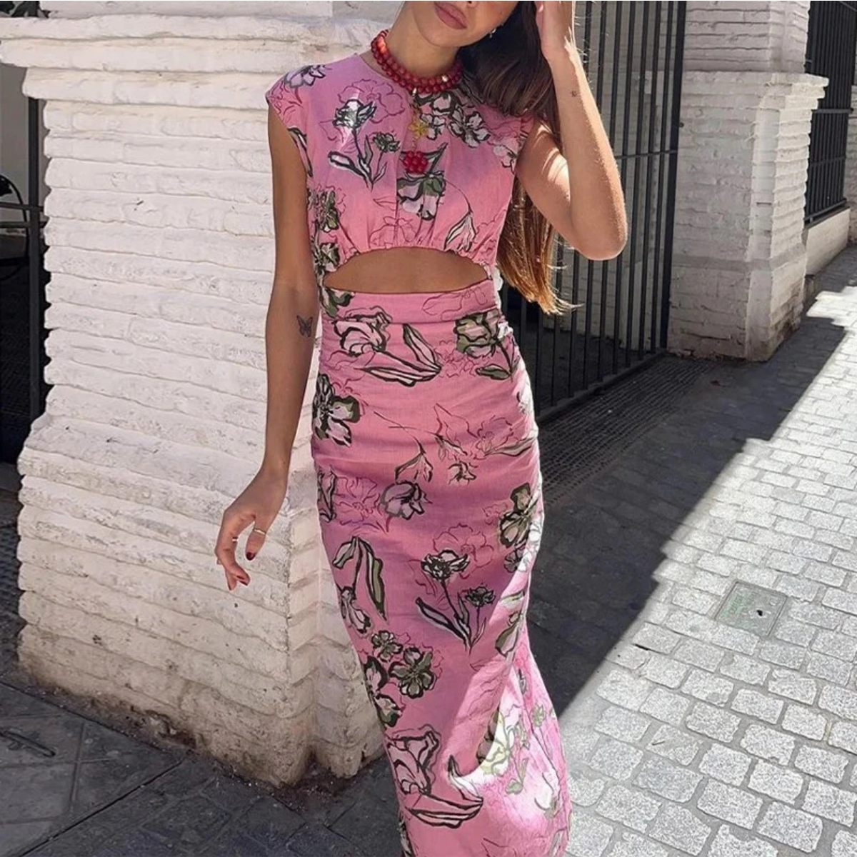 Fashion O-neck Summer Floral Print Sleeveless Hollow Out Long Dress