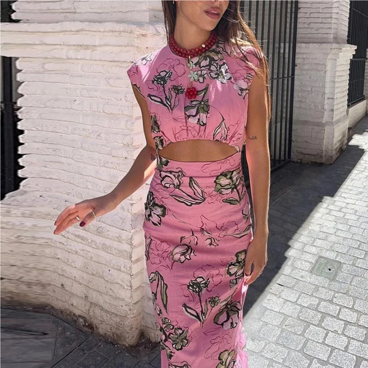 Fashion O-neck Summer Floral Print Sleeveless Hollow Out Long Dress