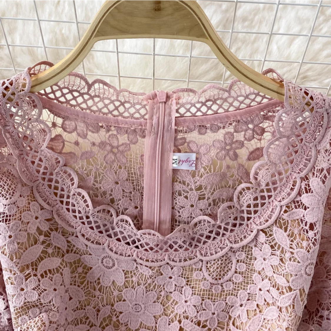 Lace Patchwork Hollow Out O-neck Short-sleeve High Waist  Dress