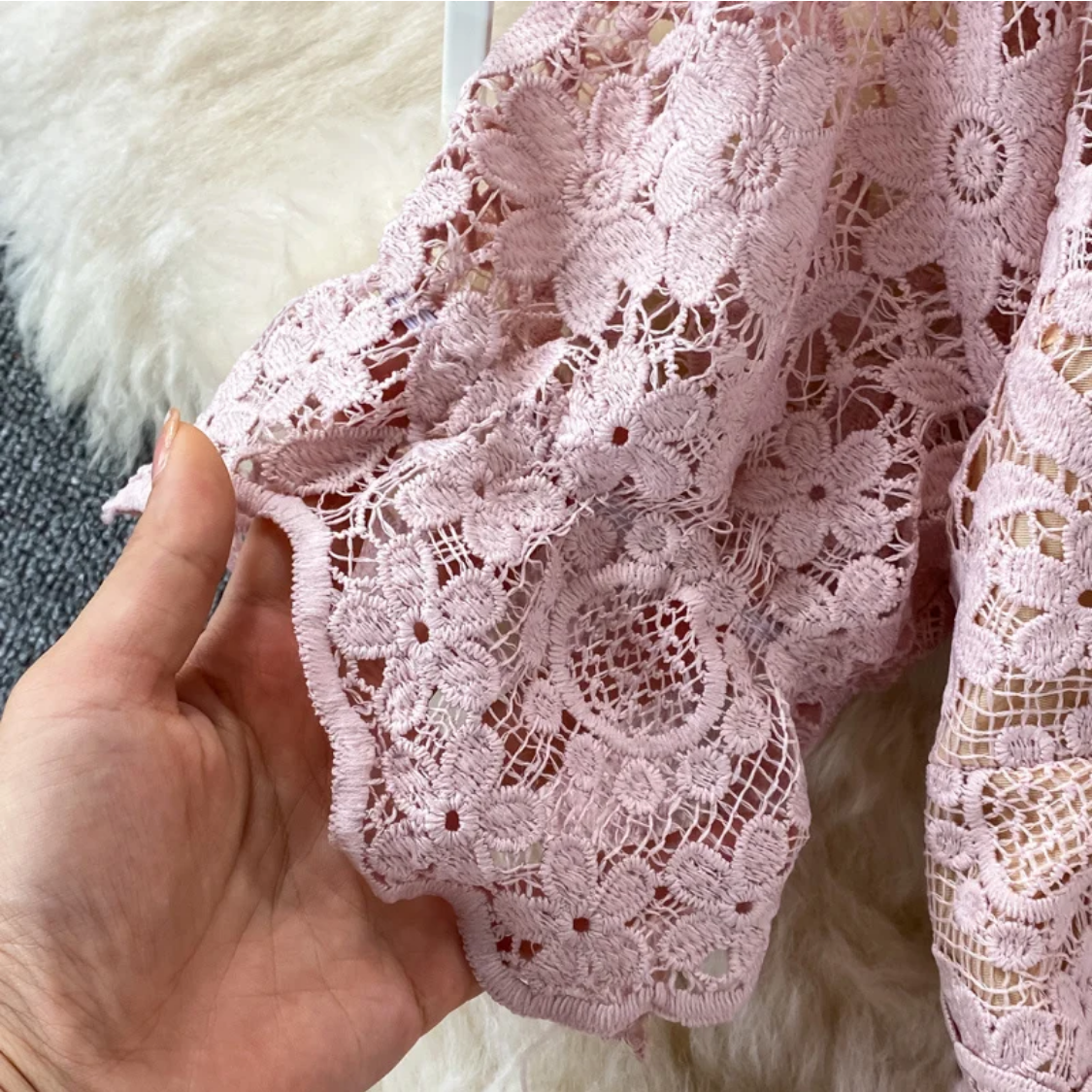 Lace Patchwork Hollow Out O-neck Short-sleeve High Waist  Dress