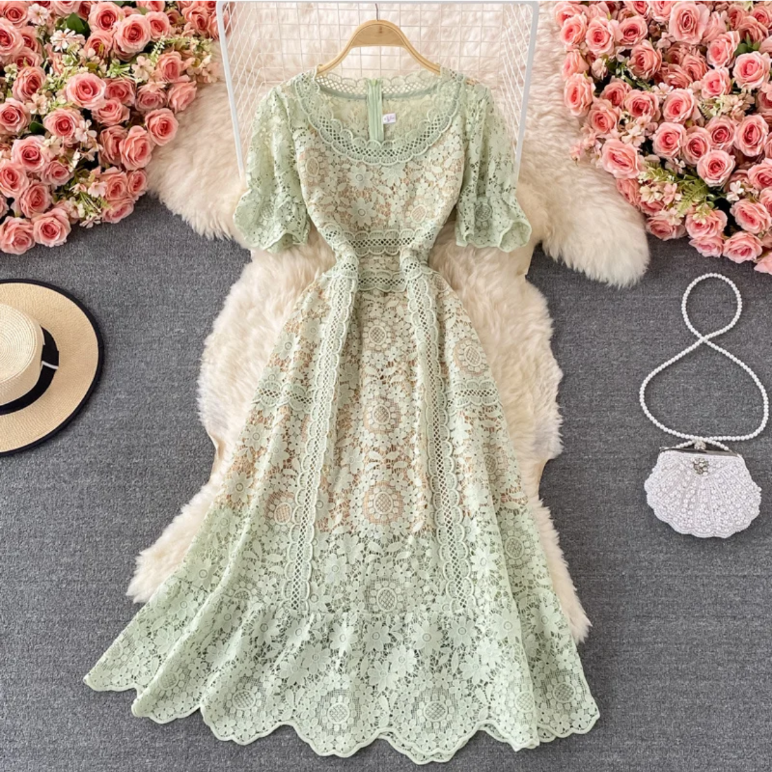Lace Patchwork Hollow Out O-neck Short-sleeve High Waist  Dress