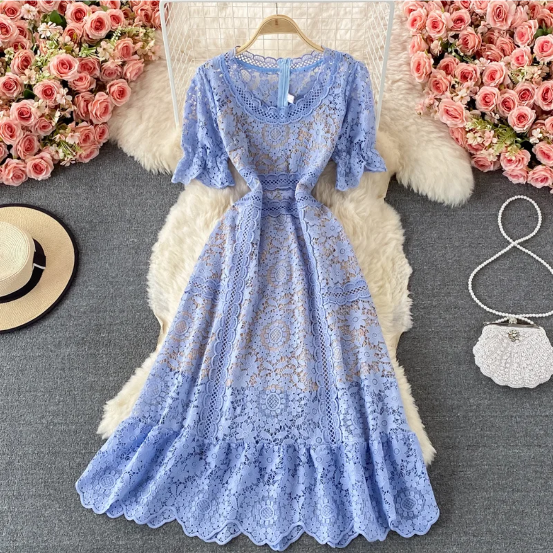 Lace Patchwork Hollow Out O-neck Short-sleeve High Waist  Dress