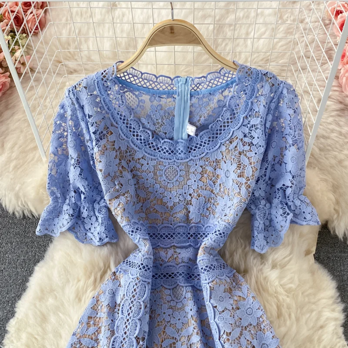 Lace Patchwork Hollow Out O-neck Short-sleeve High Waist  Dress