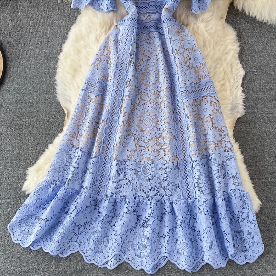 Lace Patchwork Hollow Out O-neck Short-sleeve High Waist  Dress