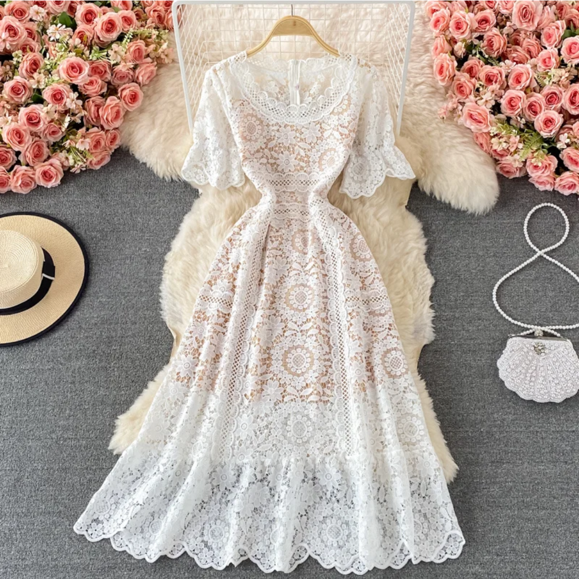 Lace Patchwork Hollow Out O-neck Short-sleeve High Waist  Dress