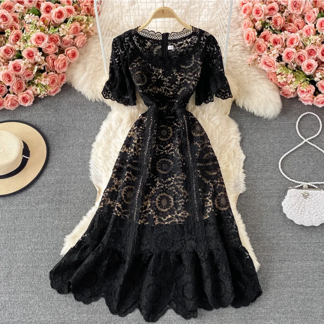 Lace Patchwork Hollow Out O-neck Short-sleeve High Waist  Dress