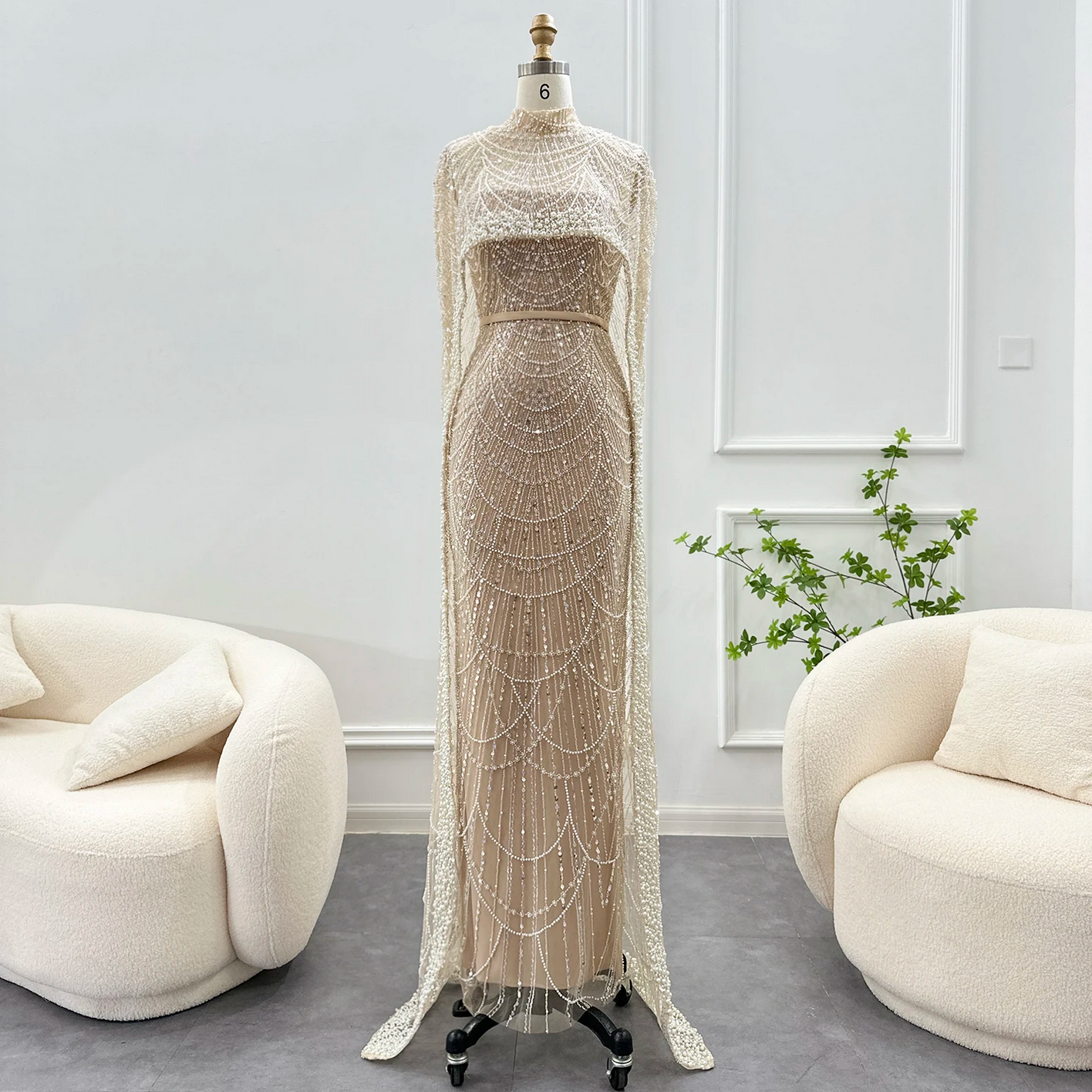 Luxury Pearls Dubai Evening Dresses with Cape