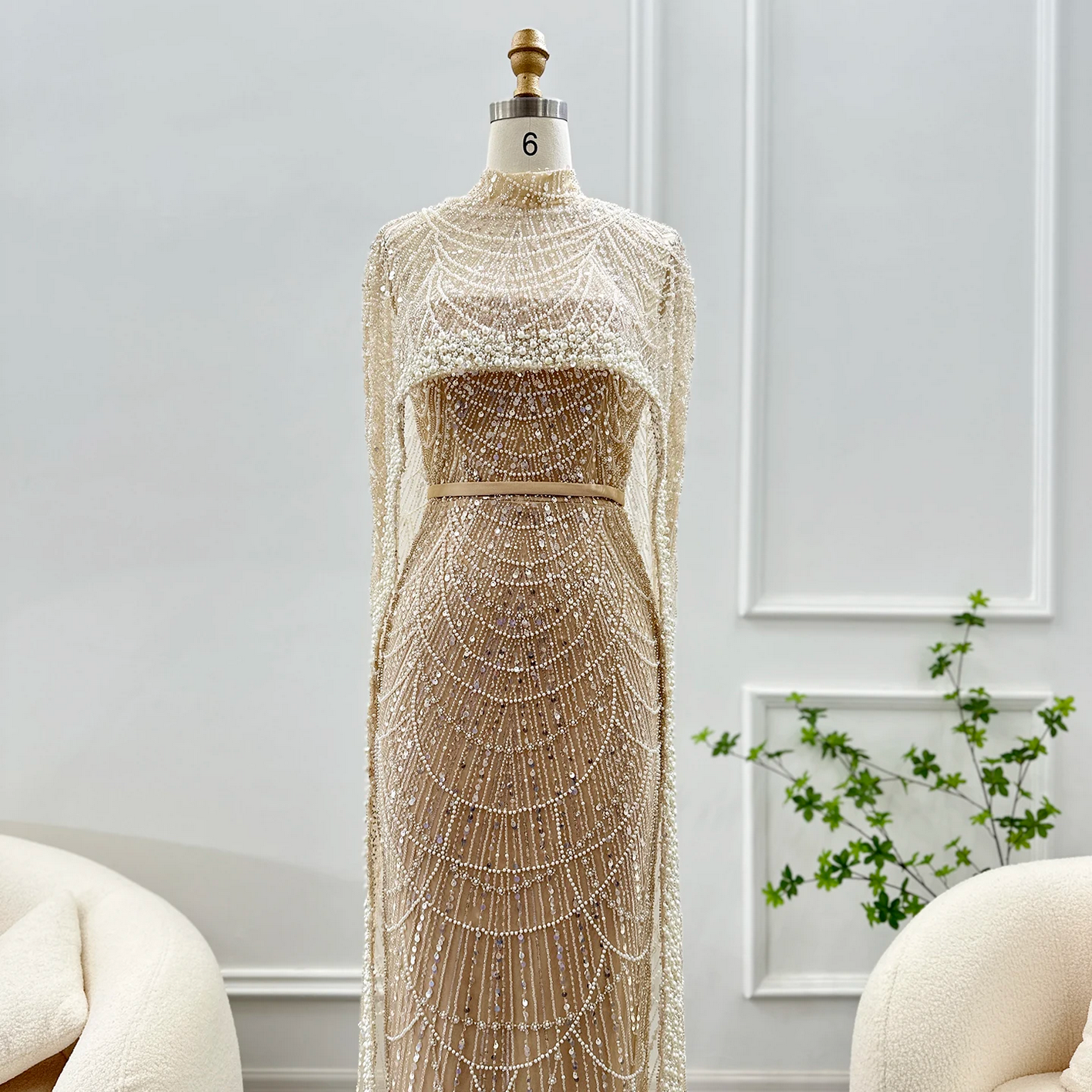 Luxury Pearls Dubai Evening Dresses with Cape