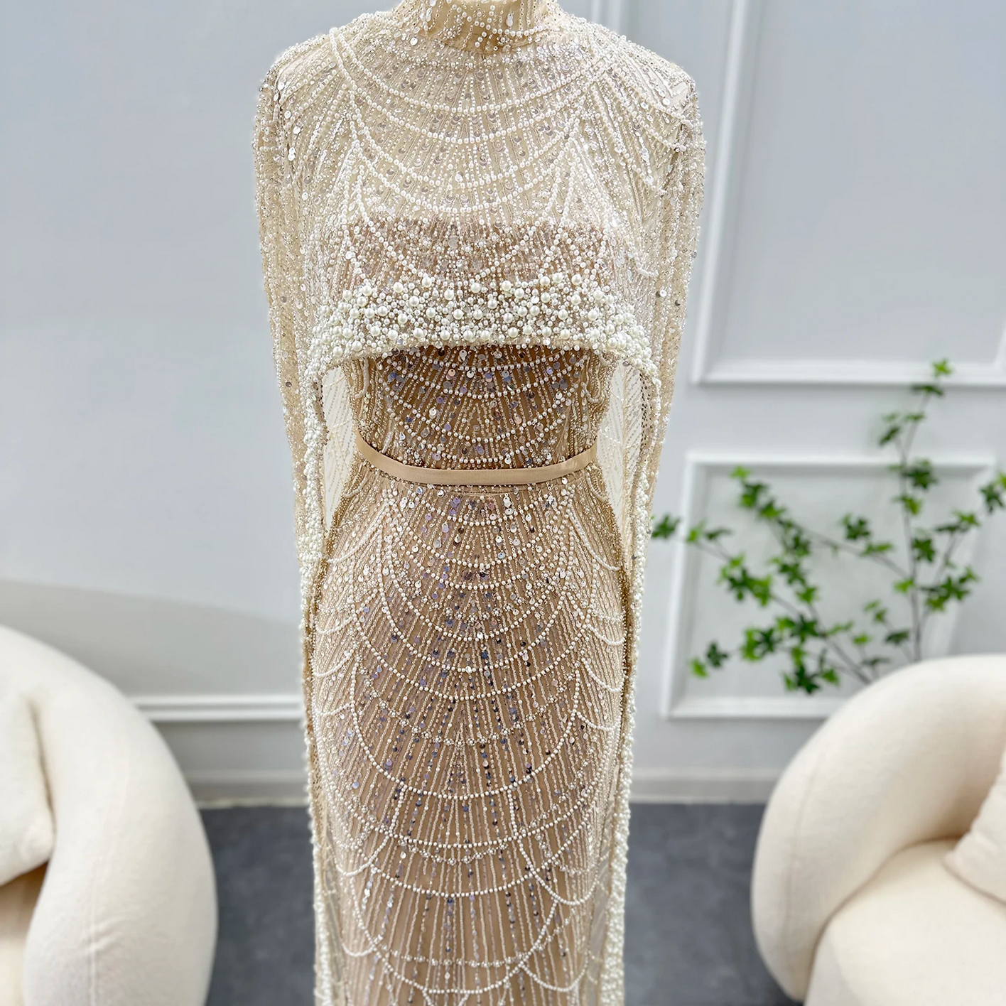Luxury Pearls Dubai Evening Dresses with Cape