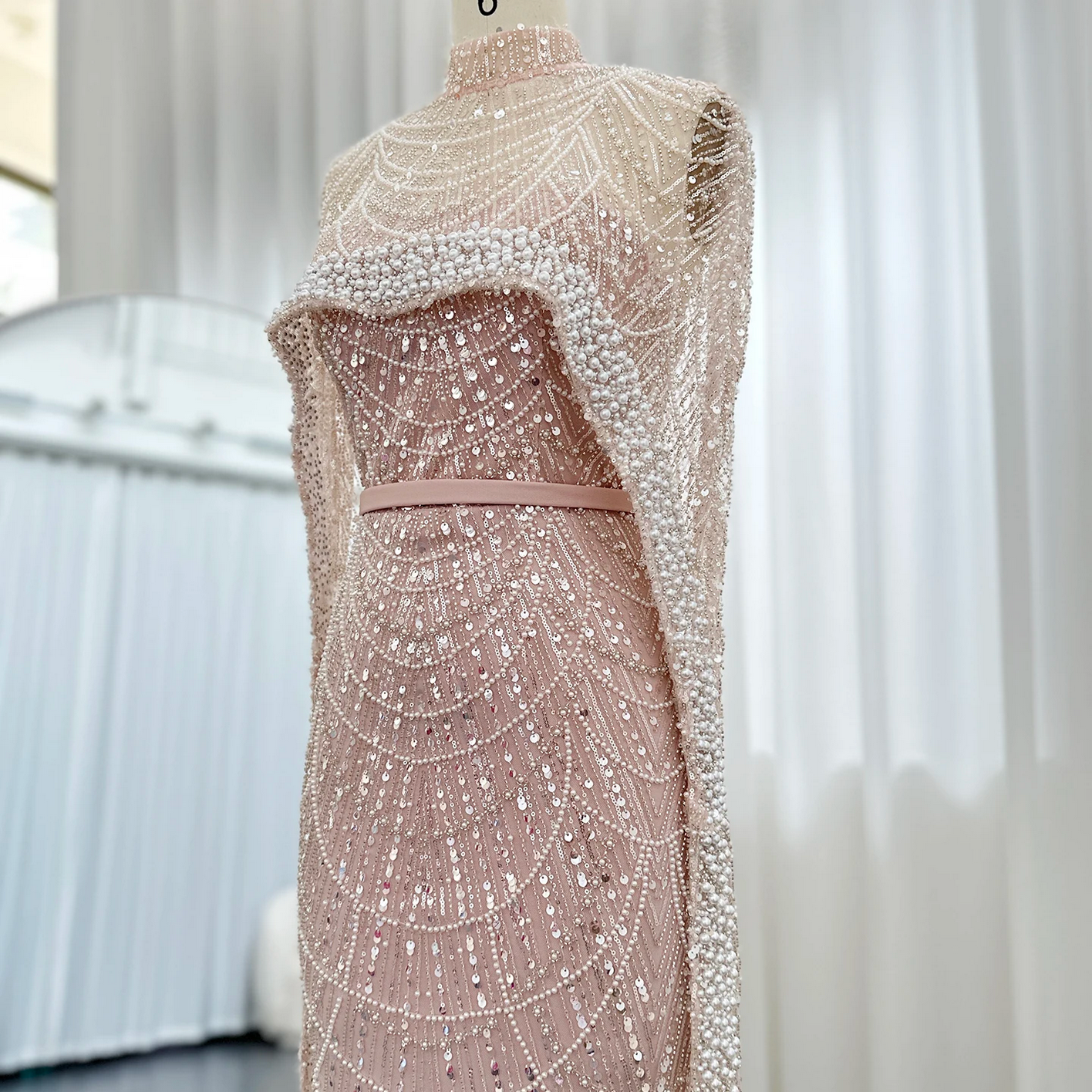 Luxury Pearls Dubai Evening Dresses with Cape