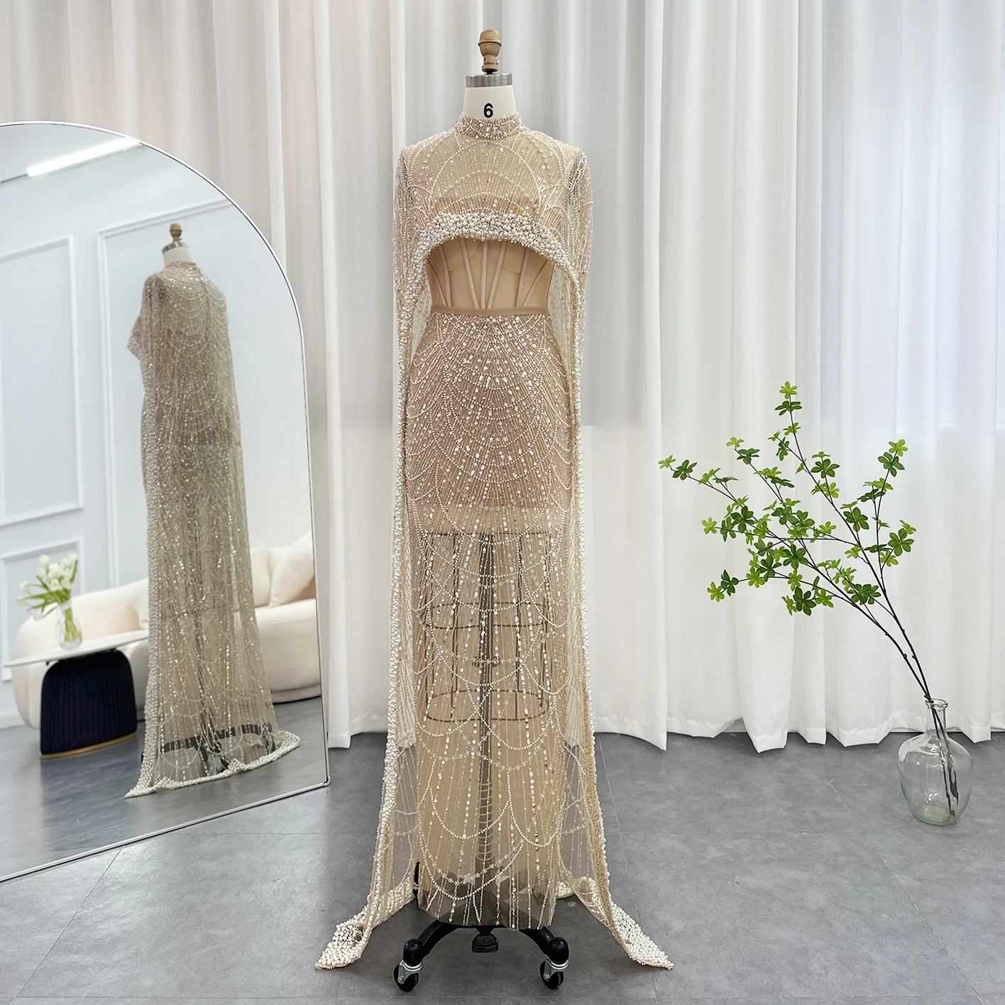 Luxury Pearls Dubai Evening Dresses with Cape