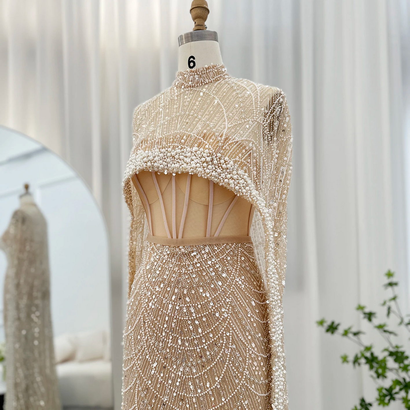 Luxury Pearls Dubai Evening Dresses with Cape