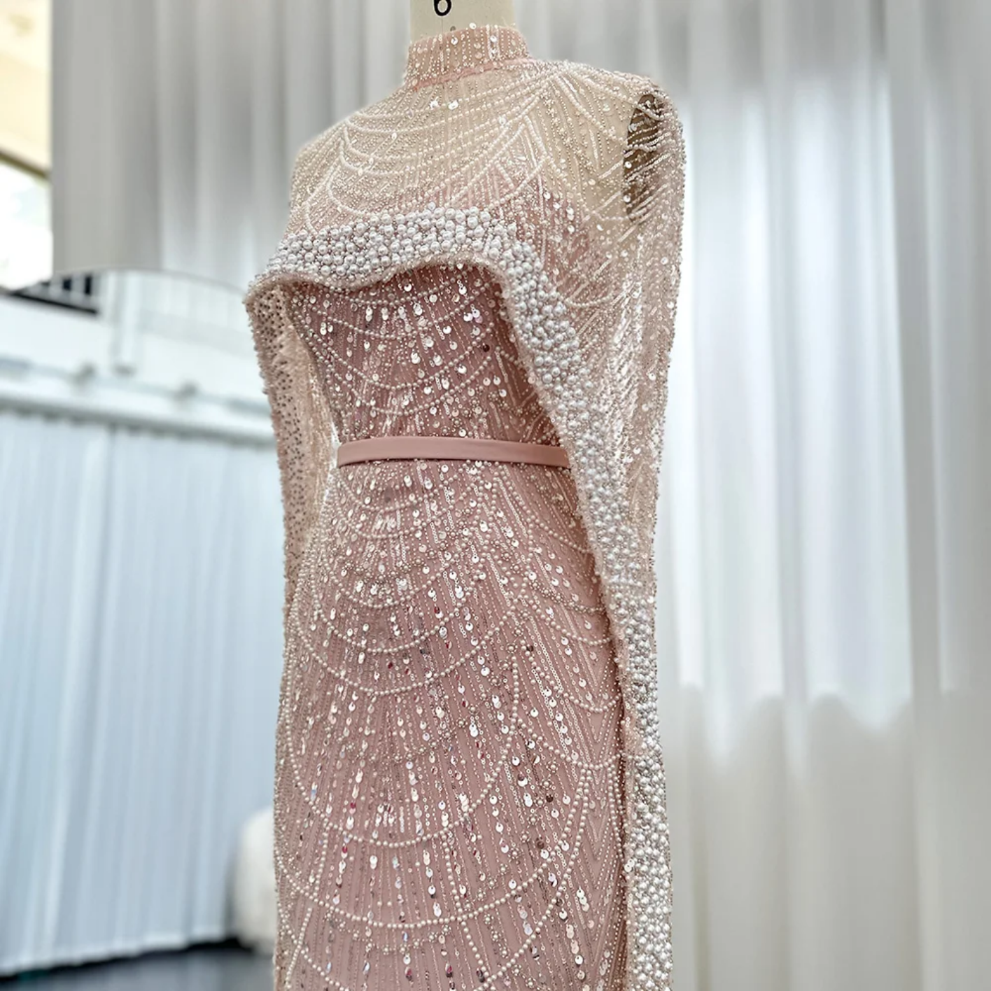 Luxury Pearls Dubai Evening Dresses with Cape