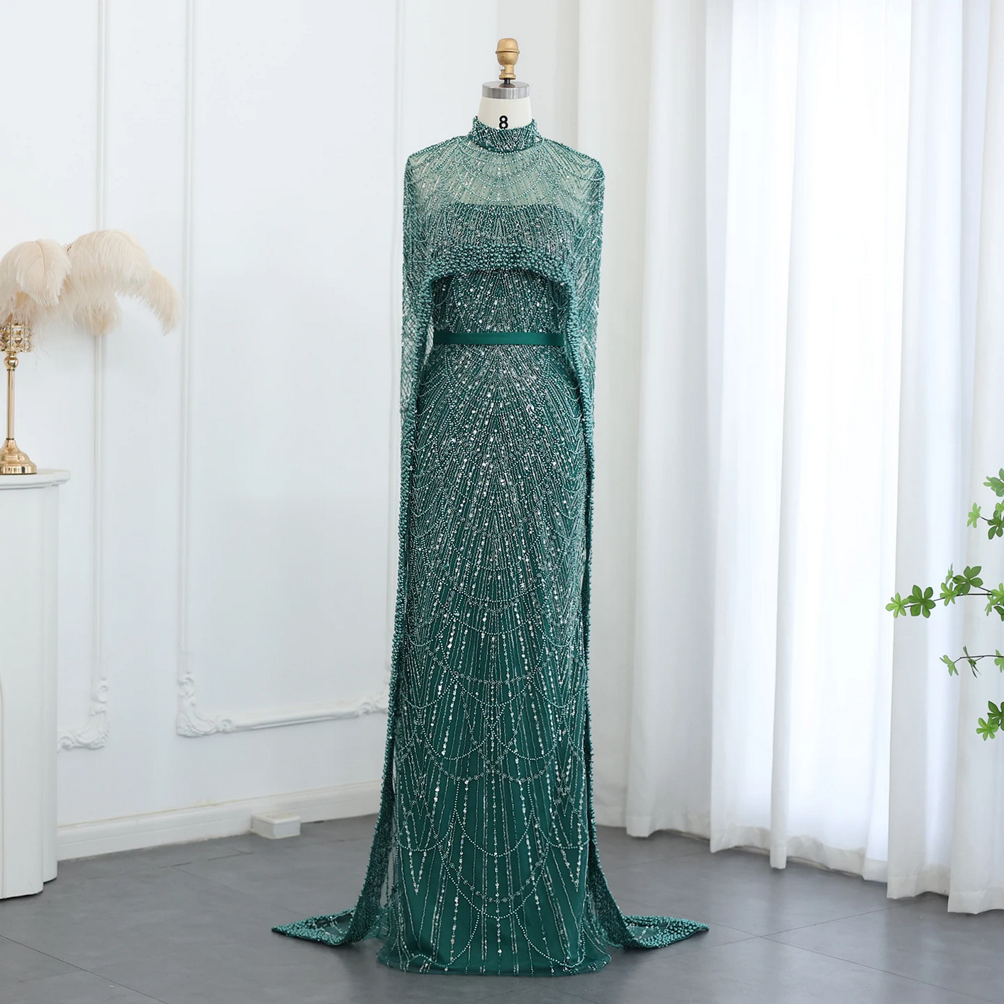 Luxury Pearls Dubai Evening Dresses with Cape