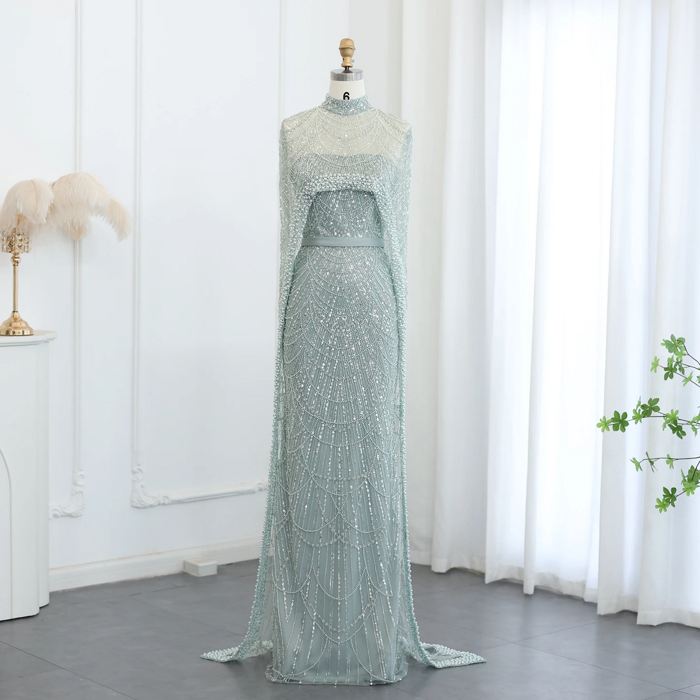 Luxury Pearls Dubai Evening Dresses with Cape