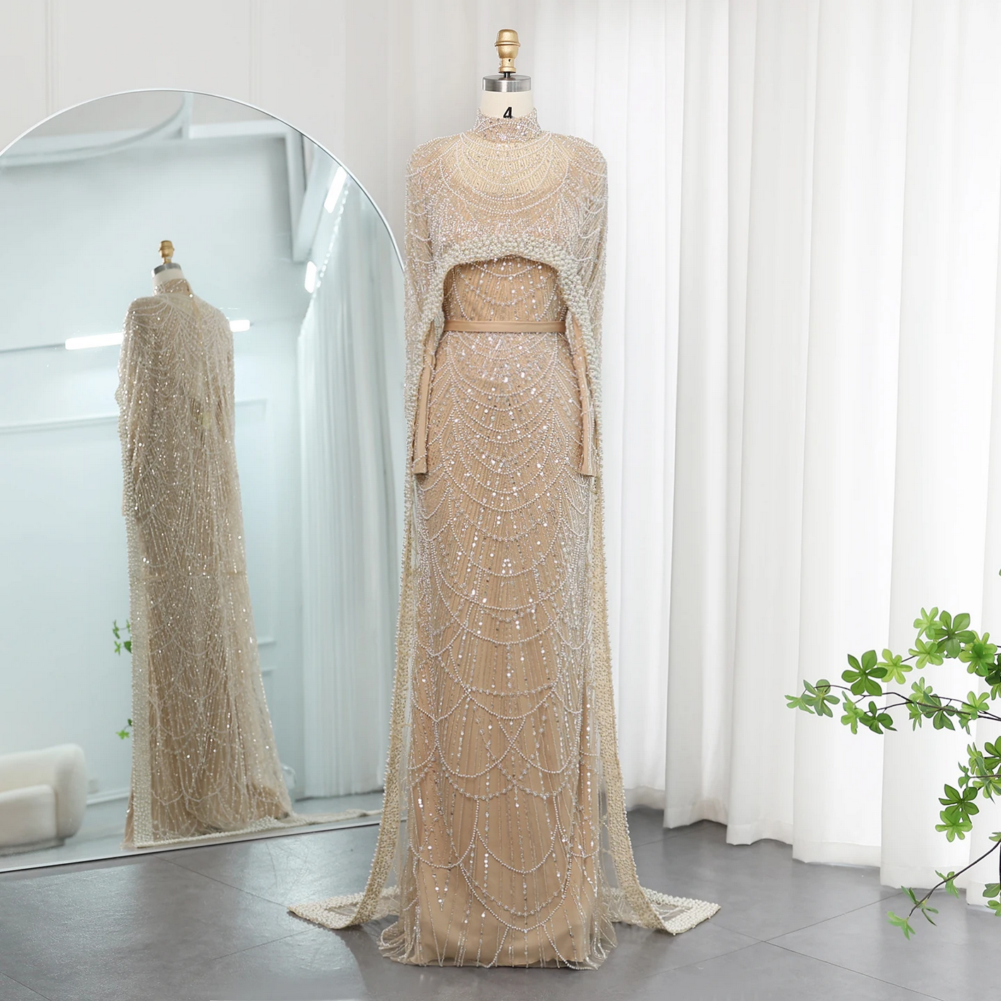 Luxury Pearls Dubai Evening Dresses with Cape