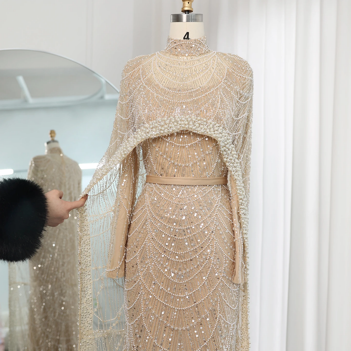 Luxury Pearls Dubai Evening Dresses with Cape