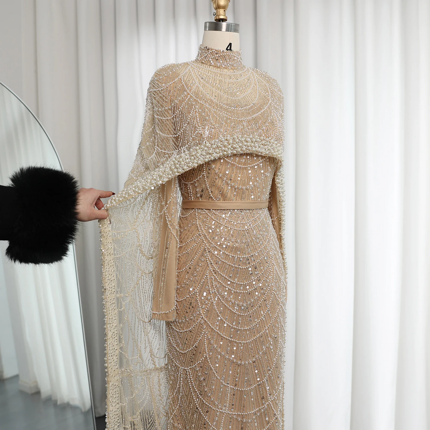 Luxury Pearls Dubai Evening Dresses with Cape
