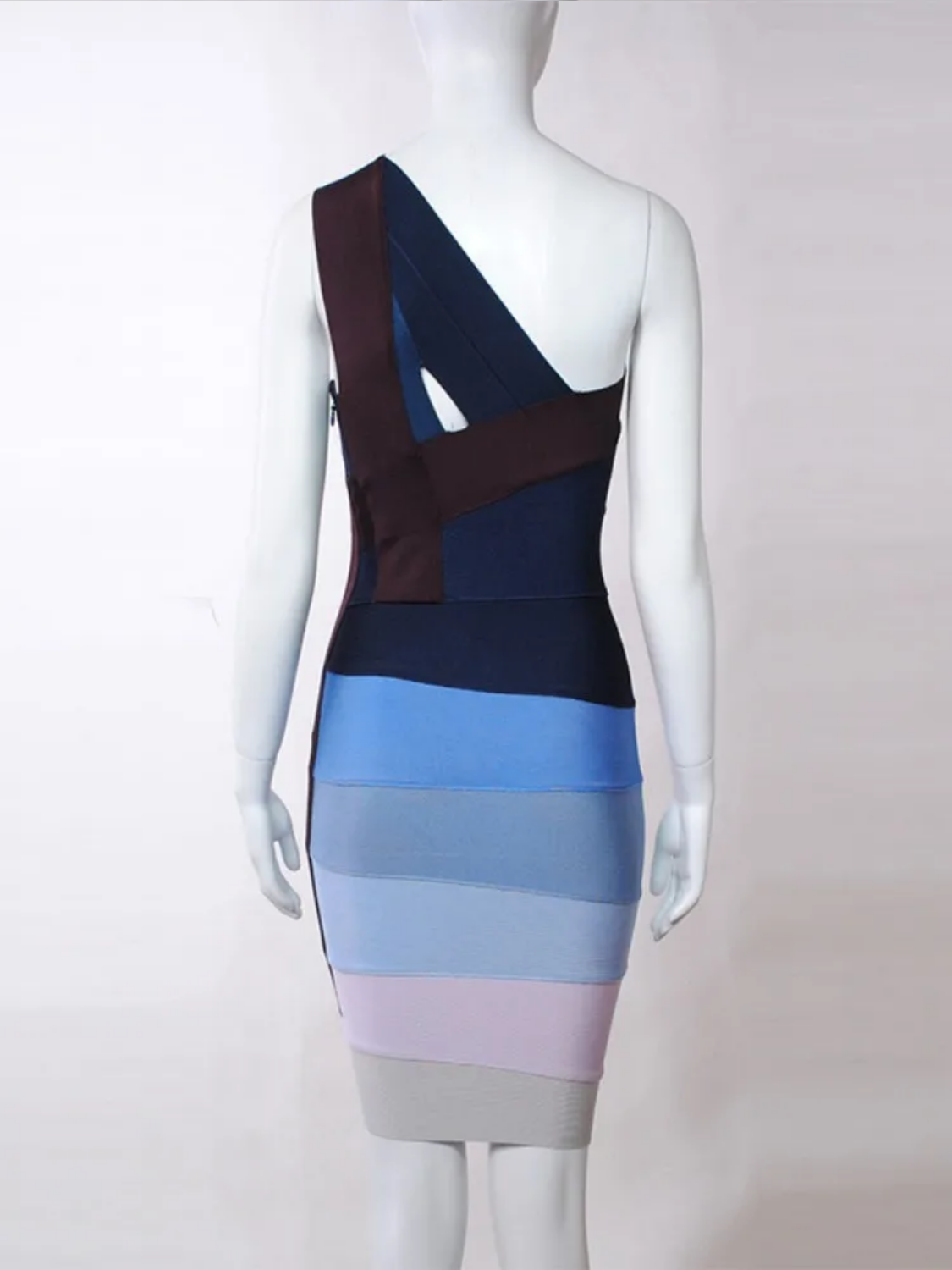 Sexy One Shoulder Sleeveless Patchwork Blue Midi Bodycon  Dress