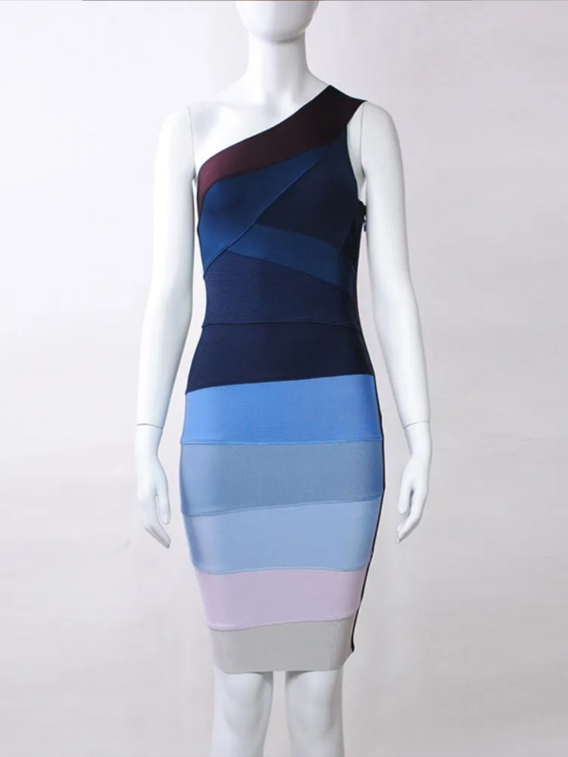 Sexy One Shoulder Sleeveless Patchwork Blue Midi Bodycon  Dress