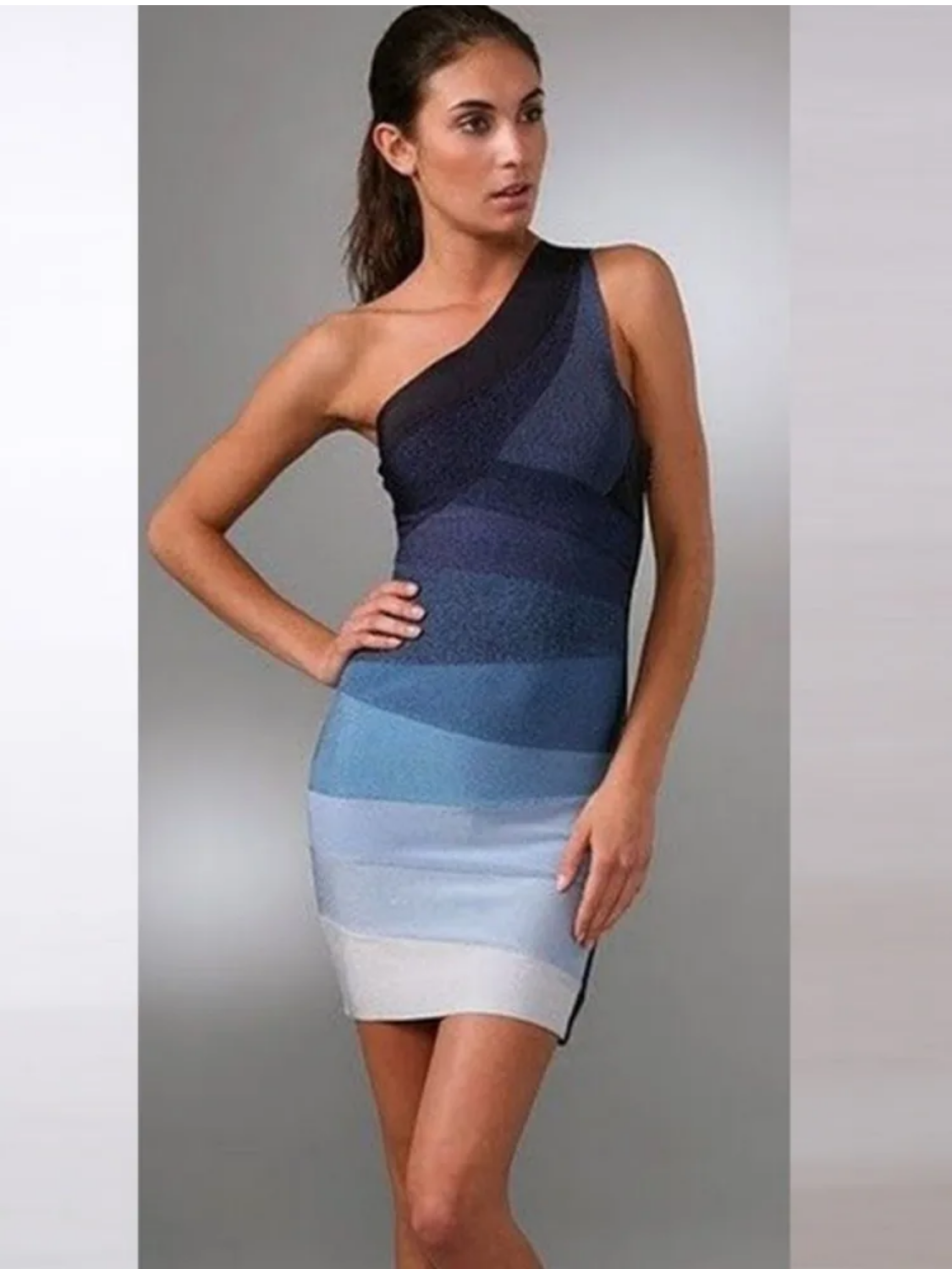 Sexy One Shoulder Sleeveless Patchwork Blue Midi Bodycon  Dress
