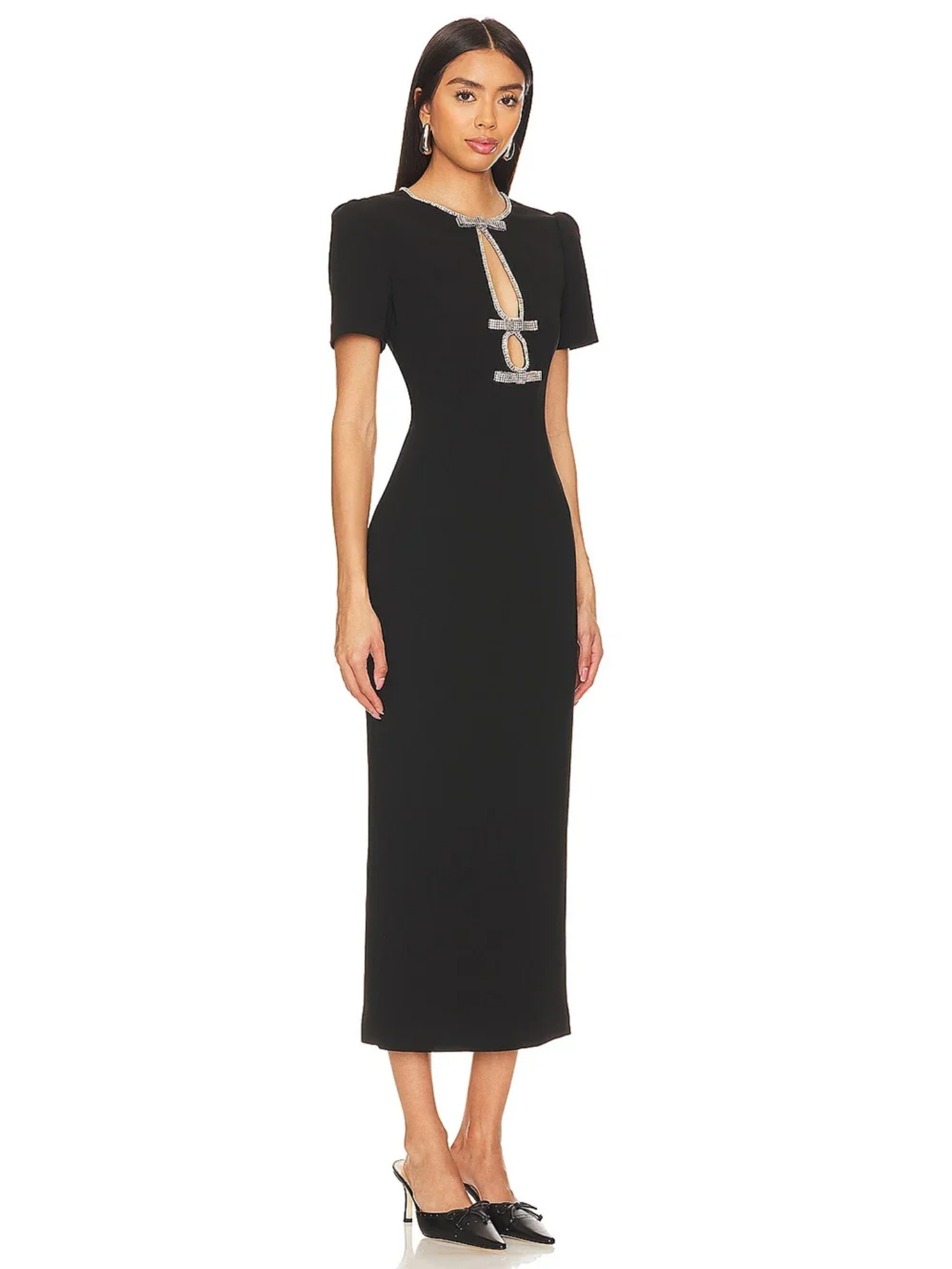 2024 Summer Sexy Black Short Sleeve O-Neck Diamond Bow Hollow Out Bandage Midi Dress
