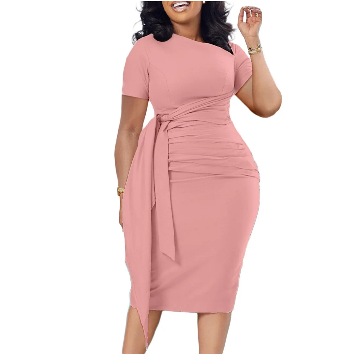 Skew Collar Short Sleeve Sashes Mid Calf Professional Business Work Wear Dress