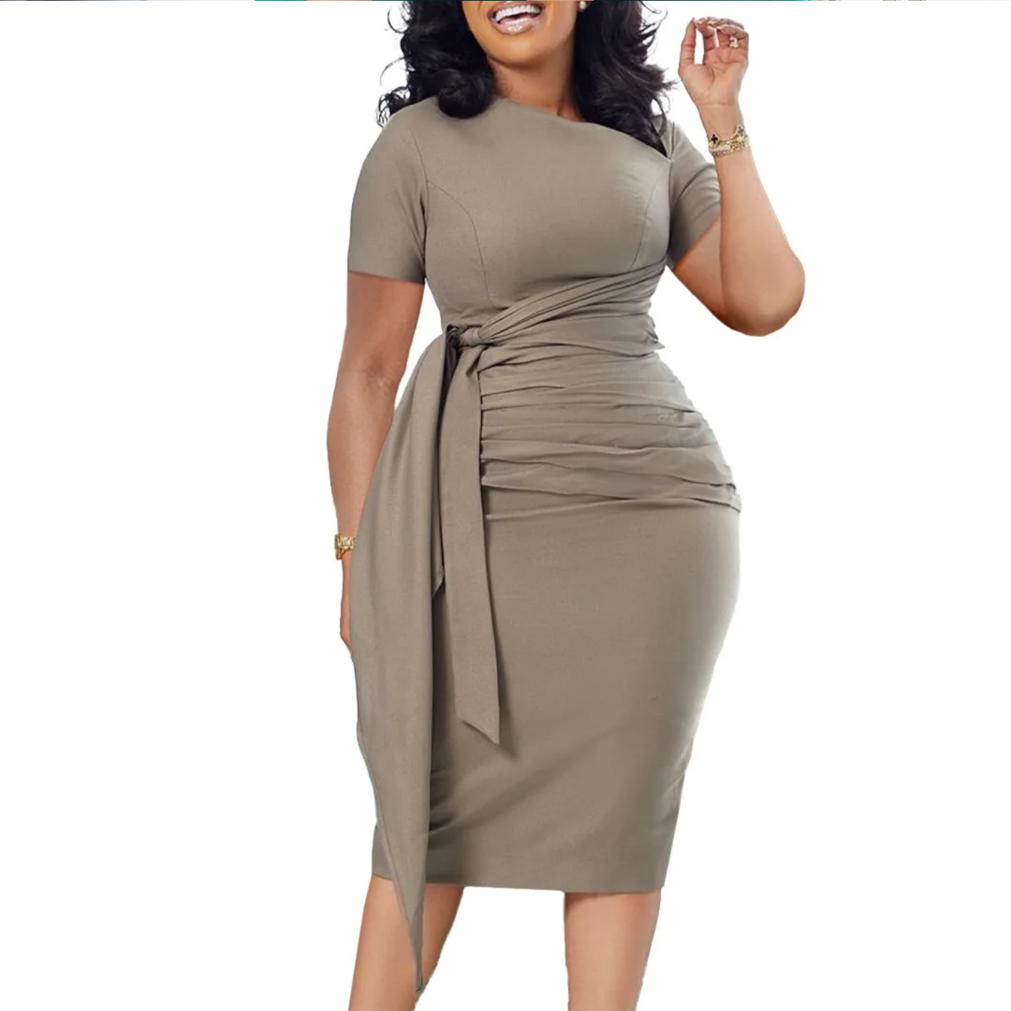 Skew Collar Short Sleeve Sashes Mid Calf Professional Business Work Wear Dress