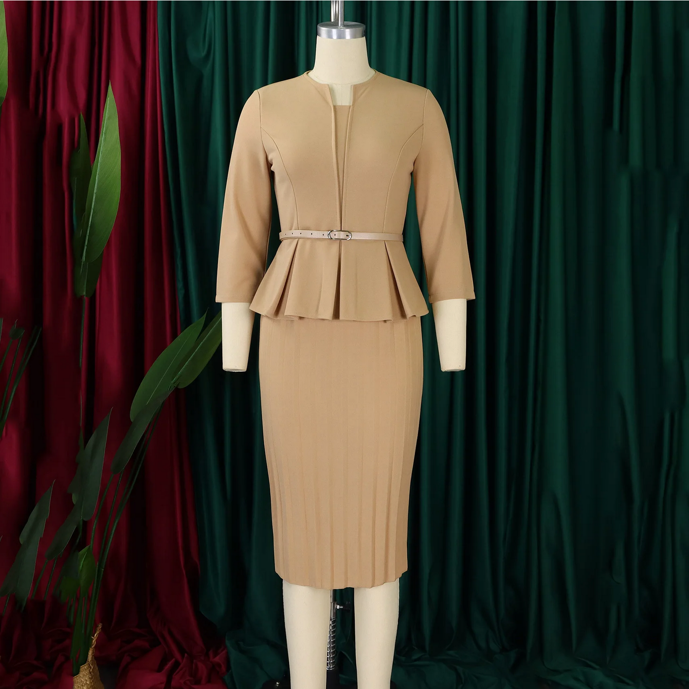2024 New V Neck Three Quarter Sleeve Belt Waisted Mid Calf Dress