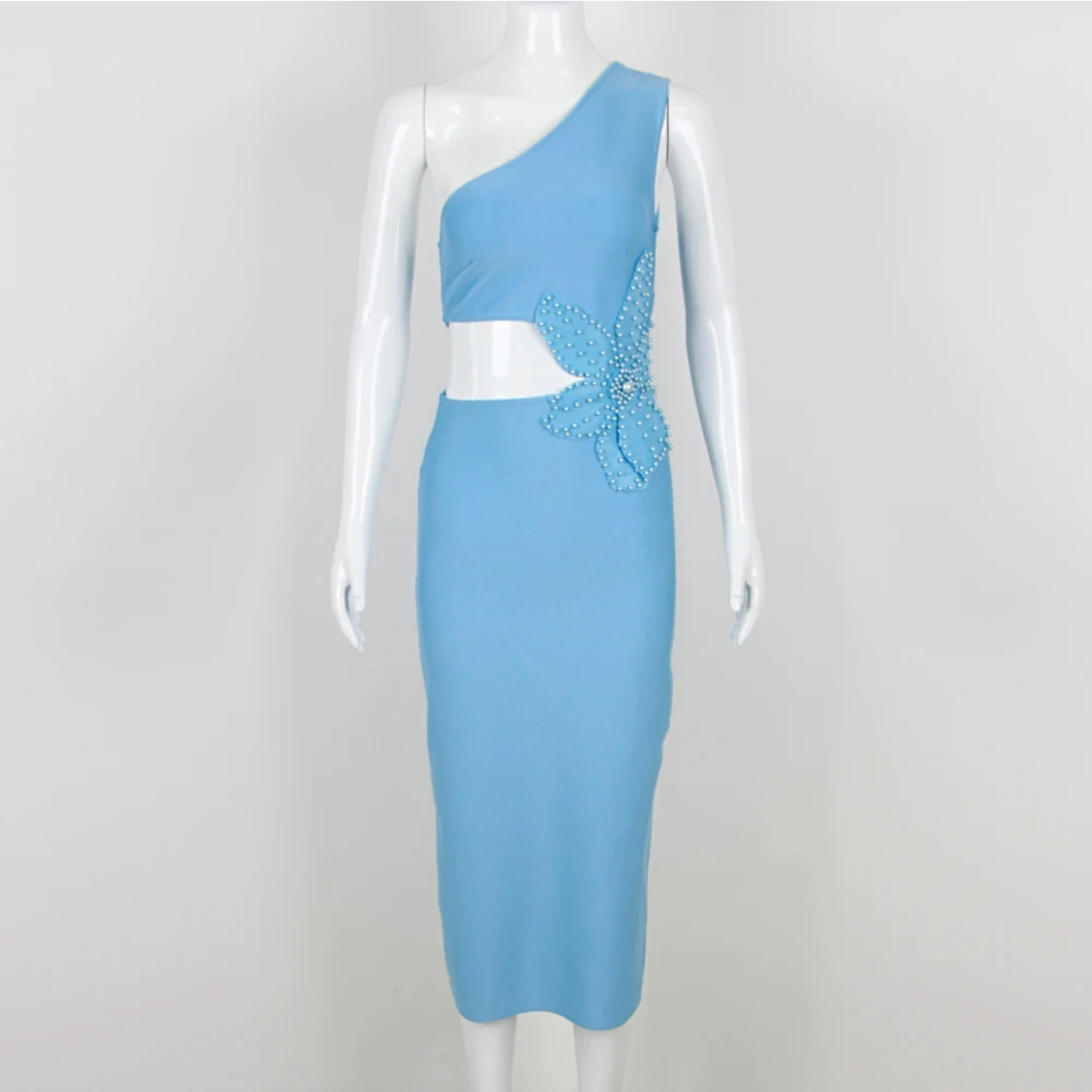 2024 Sexy One Shoulder Cut Out Sky Blue Flower Midi Bodycon Dress