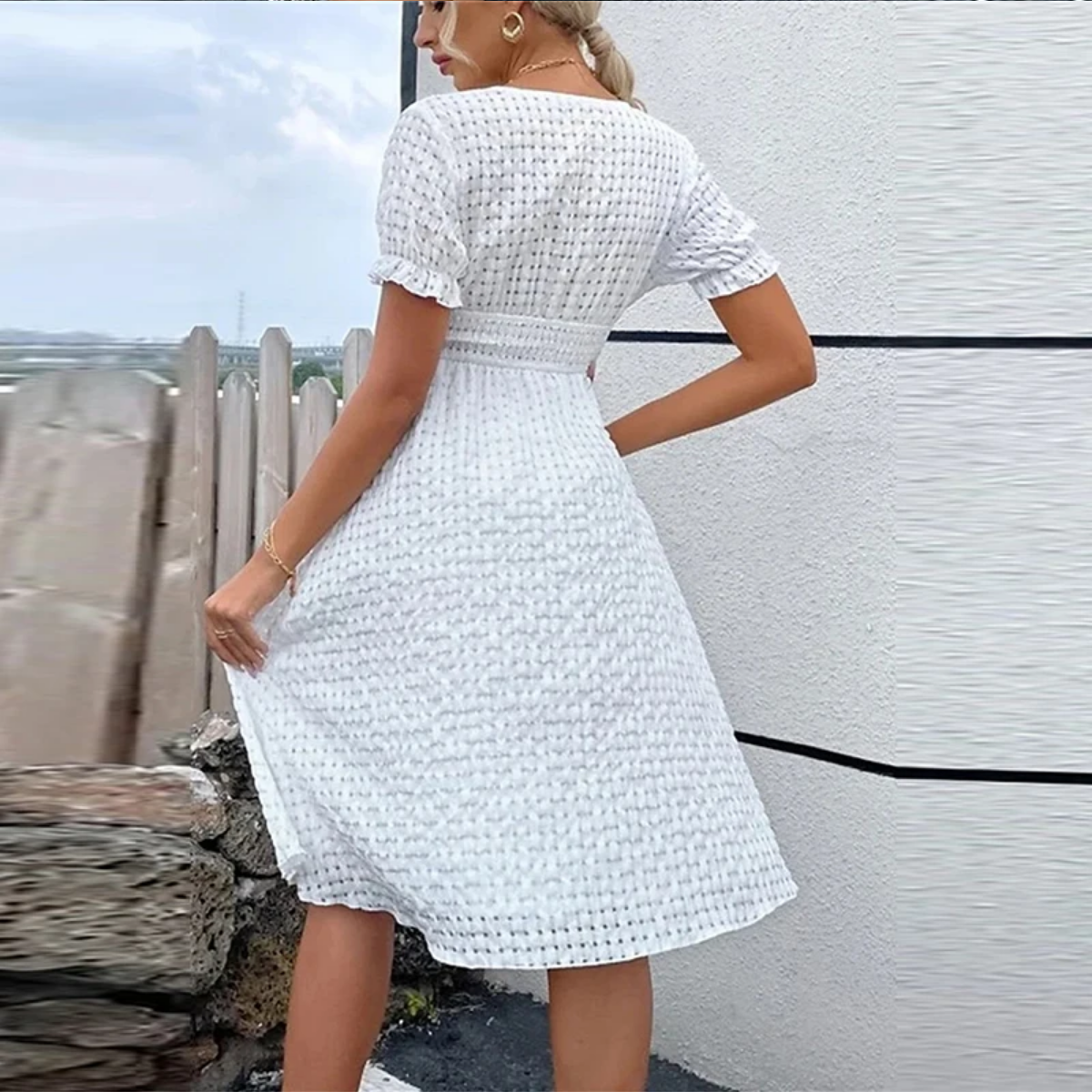 Summer Elegant  Solid V Neck Short Sleeve  A-line Beach  Dresses