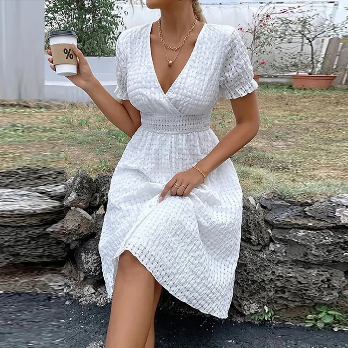 Summer Elegant  Solid V Neck Short Sleeve  A-line Beach  Dresses