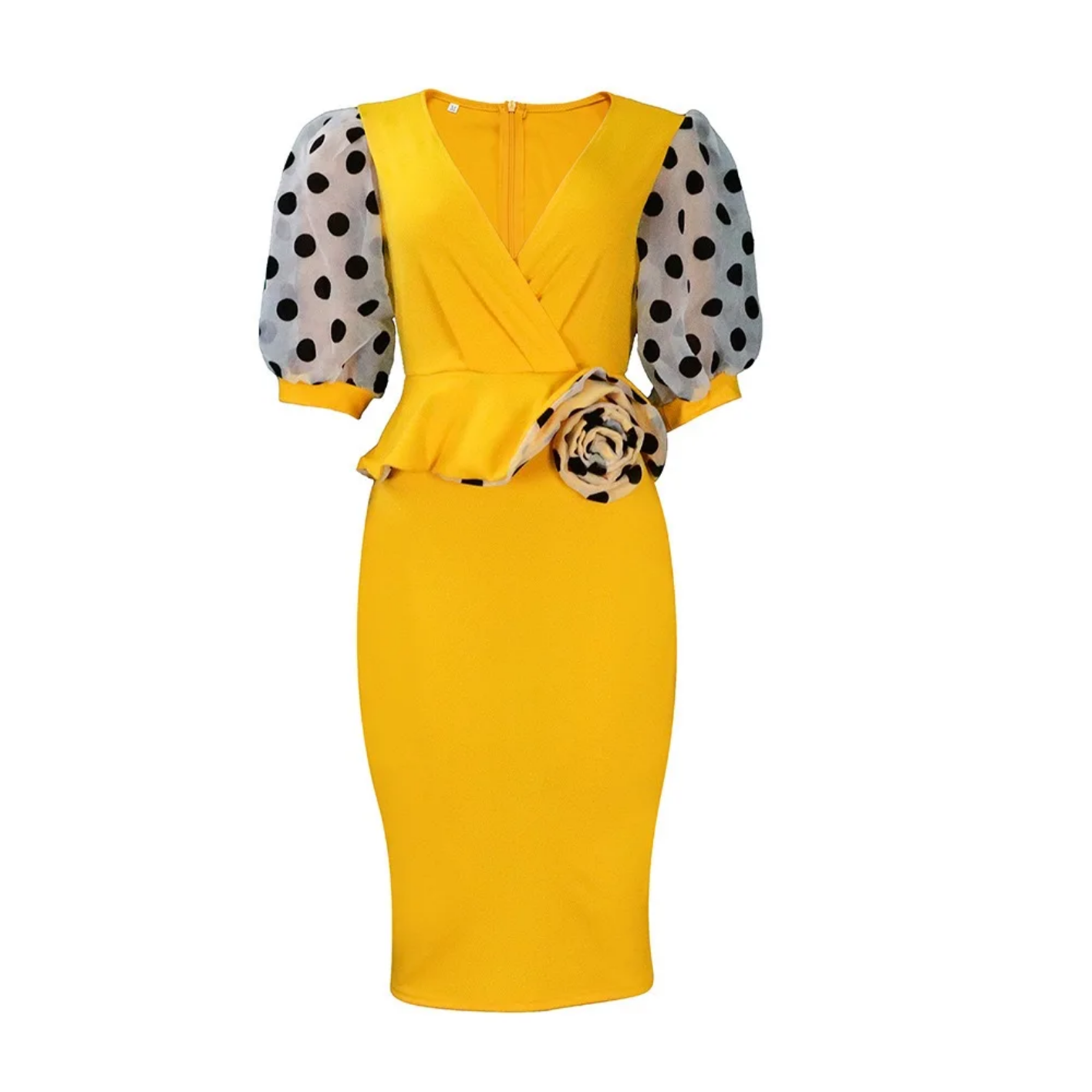 V Neck Half Sleeve Polka Dot Sheath Mid Calf Professional Business Dress