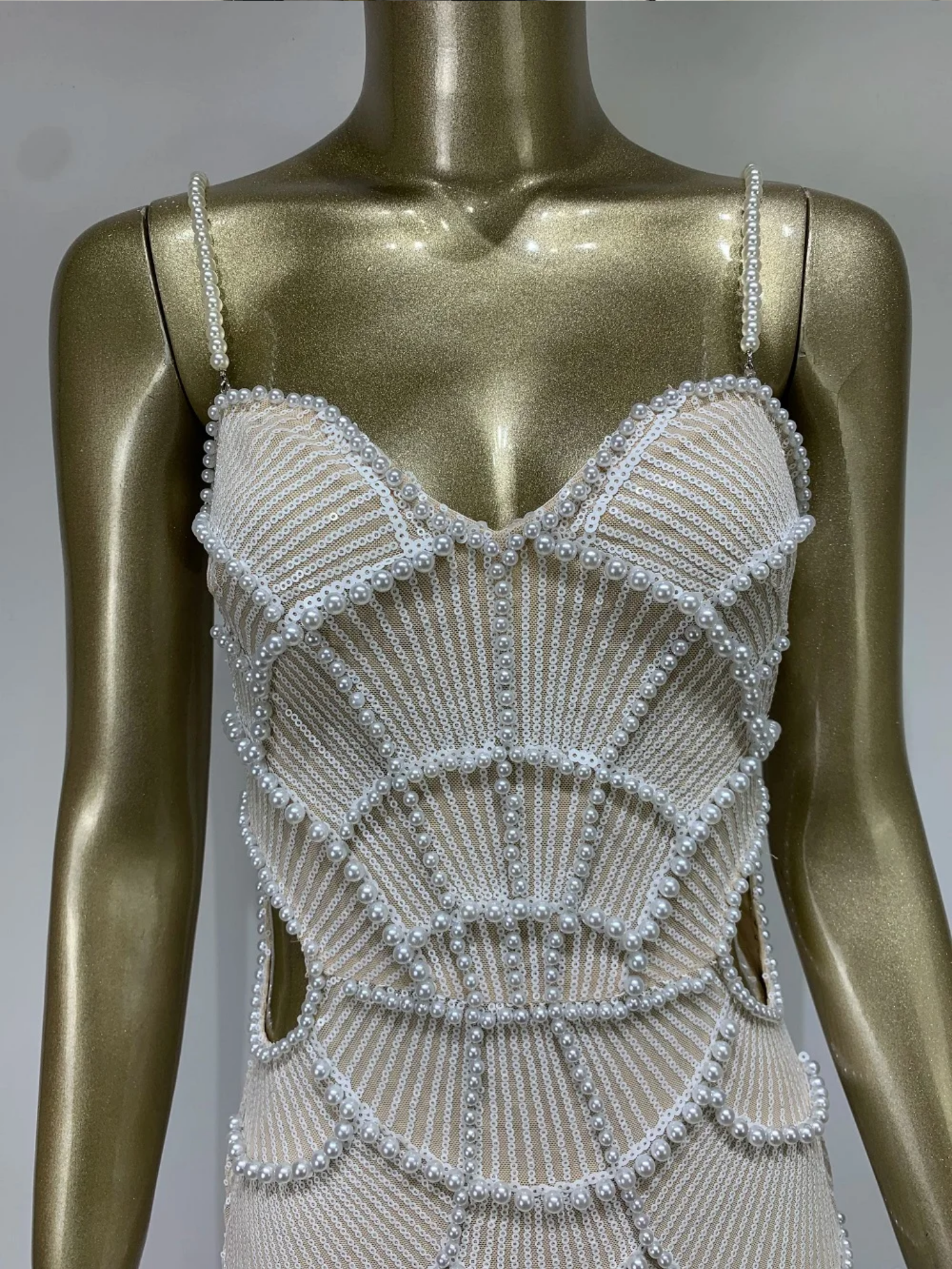 Sexy V Neck White Pearl Beading Cut Out Maxi Long Bodycon Dress
