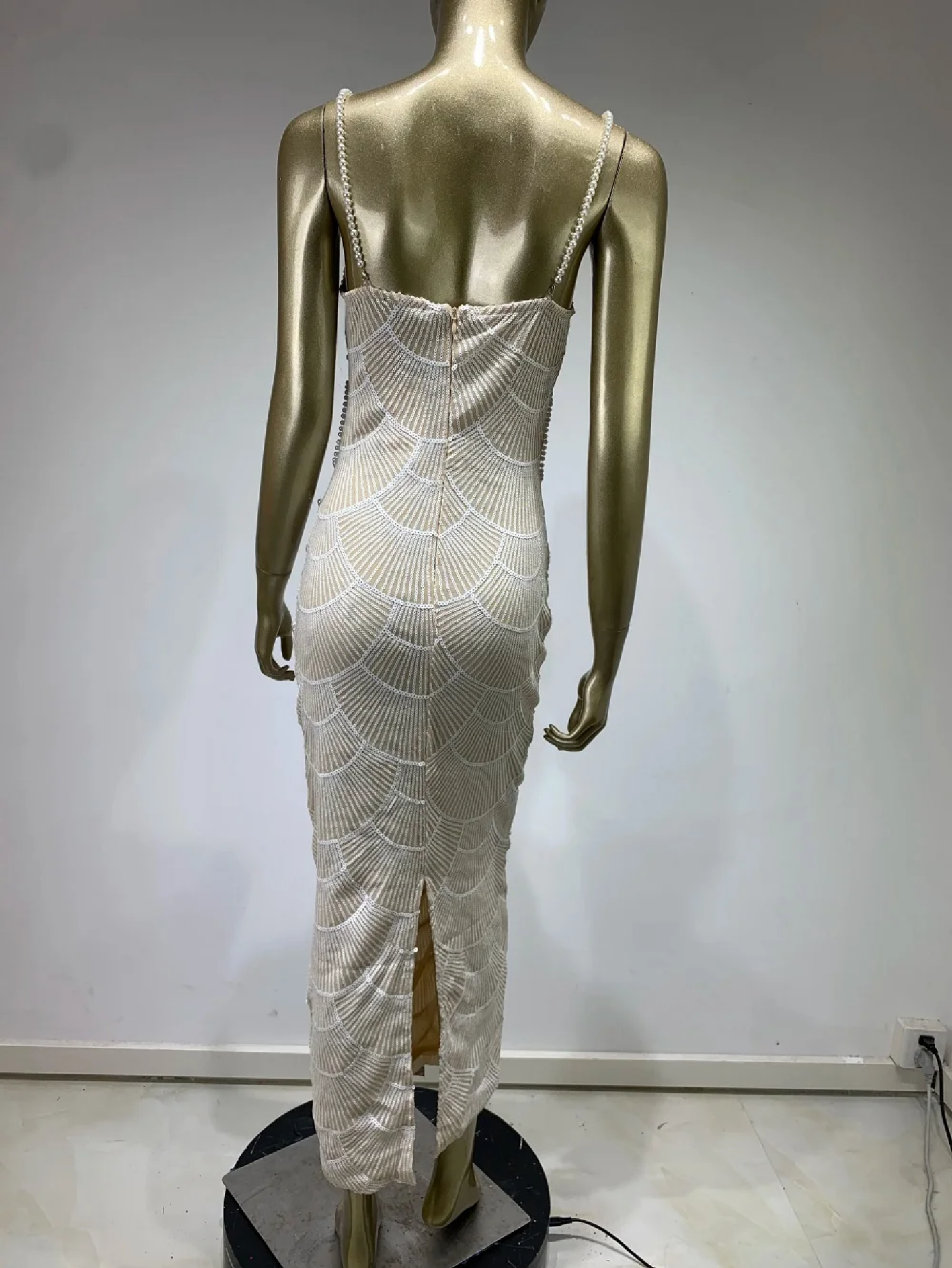 Sexy V Neck White Pearl Beading Cut Out Maxi Long Bodycon Dress