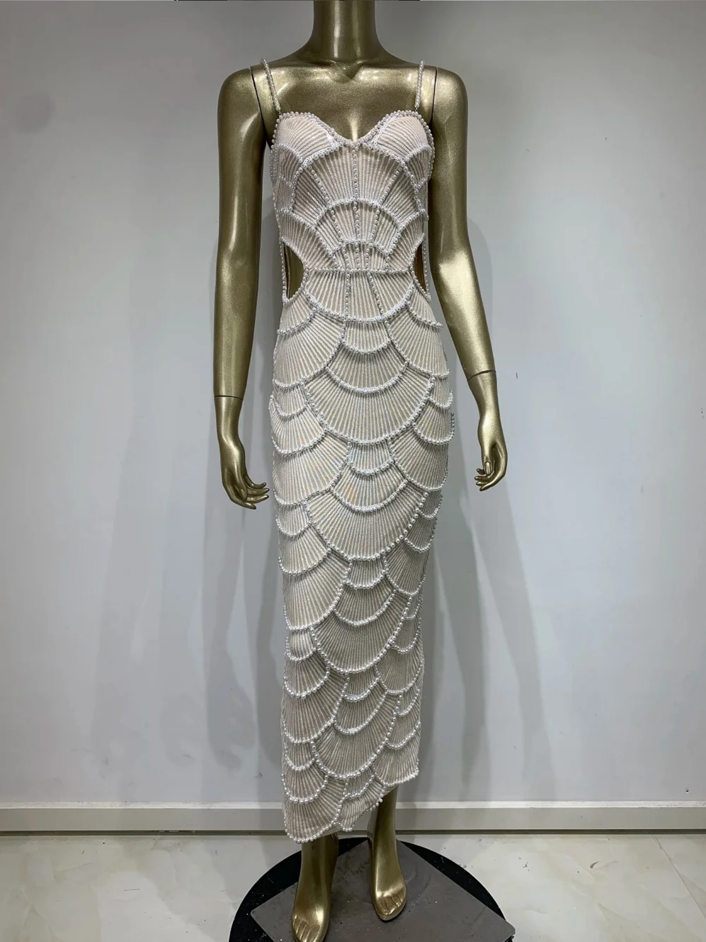 Sexy V Neck White Pearl Beading Cut Out Maxi Long Bodycon Dress
