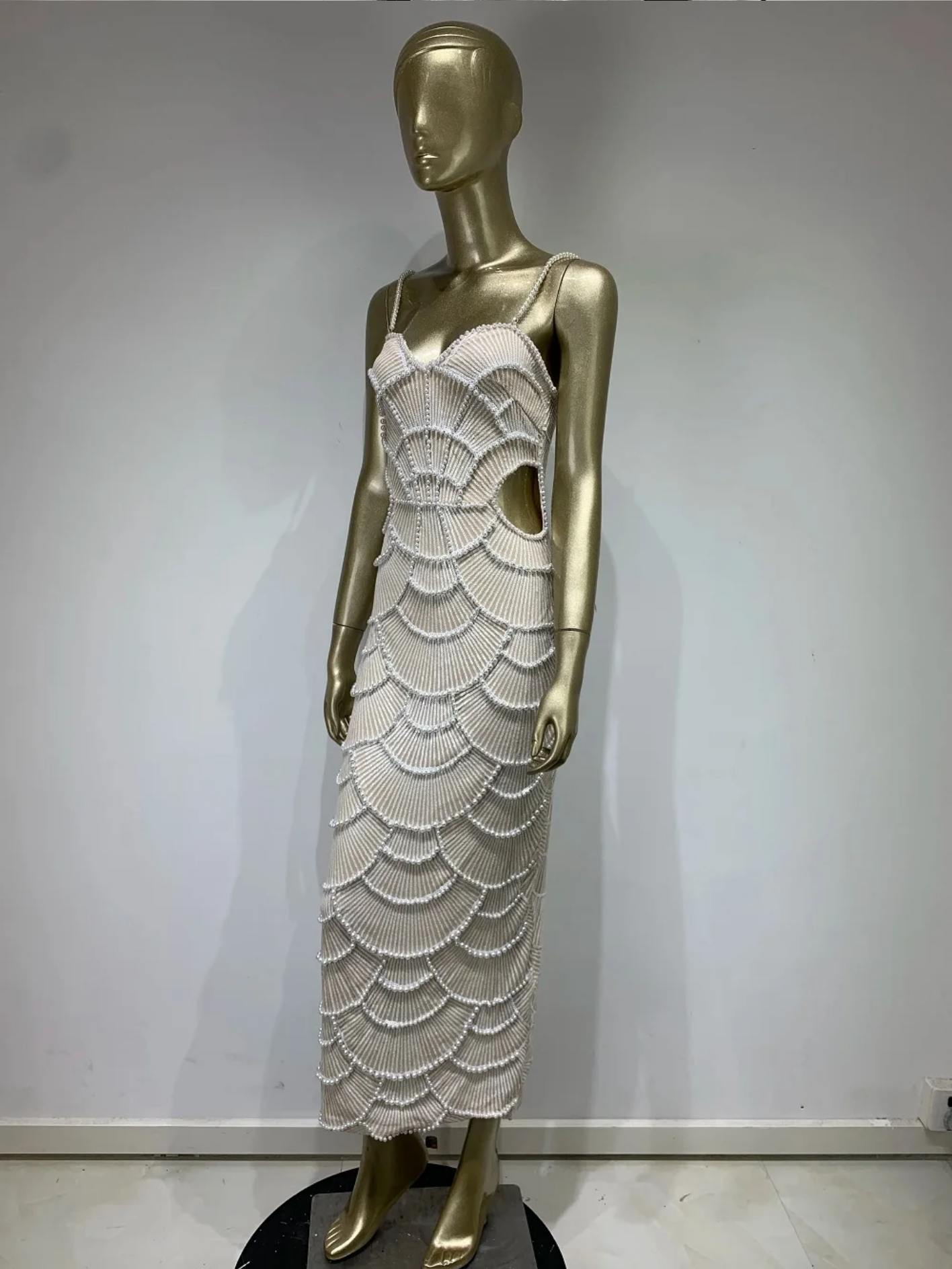 Sexy V Neck White Pearl Beading Cut Out Maxi Long Bodycon Dress