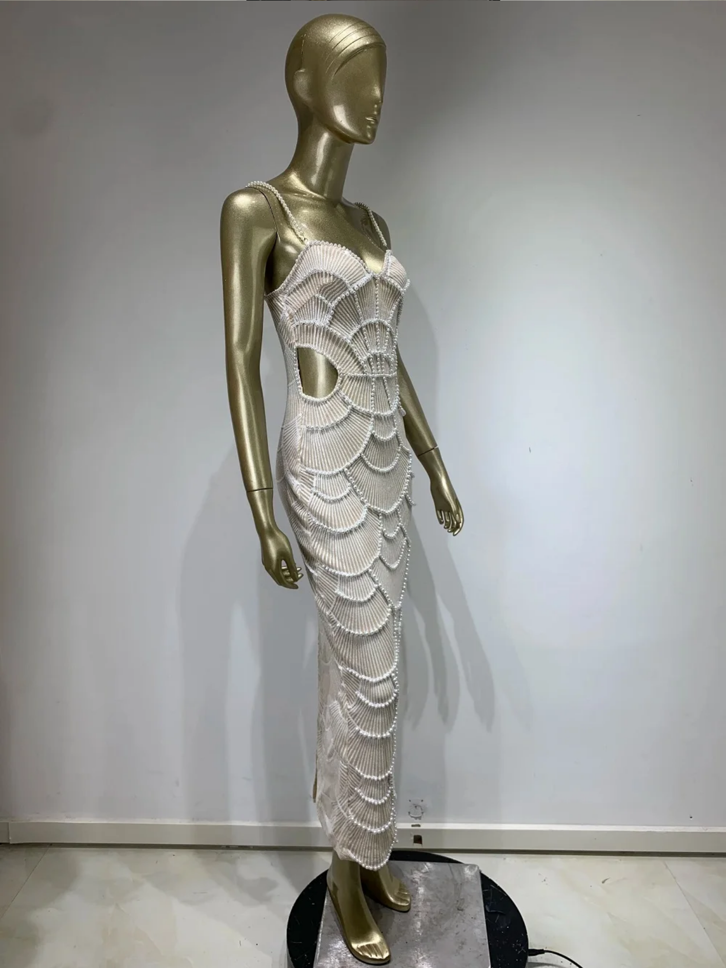 Sexy V Neck White Pearl Beading Cut Out Maxi Long Bodycon Dress
