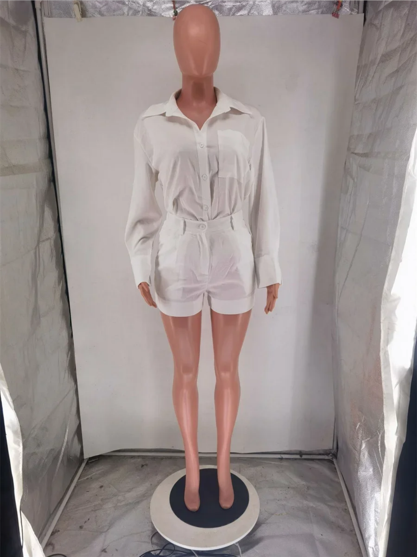 Shirts Long Sleeve Cotton Linen Loose Blouse High Waist Shorts Suit