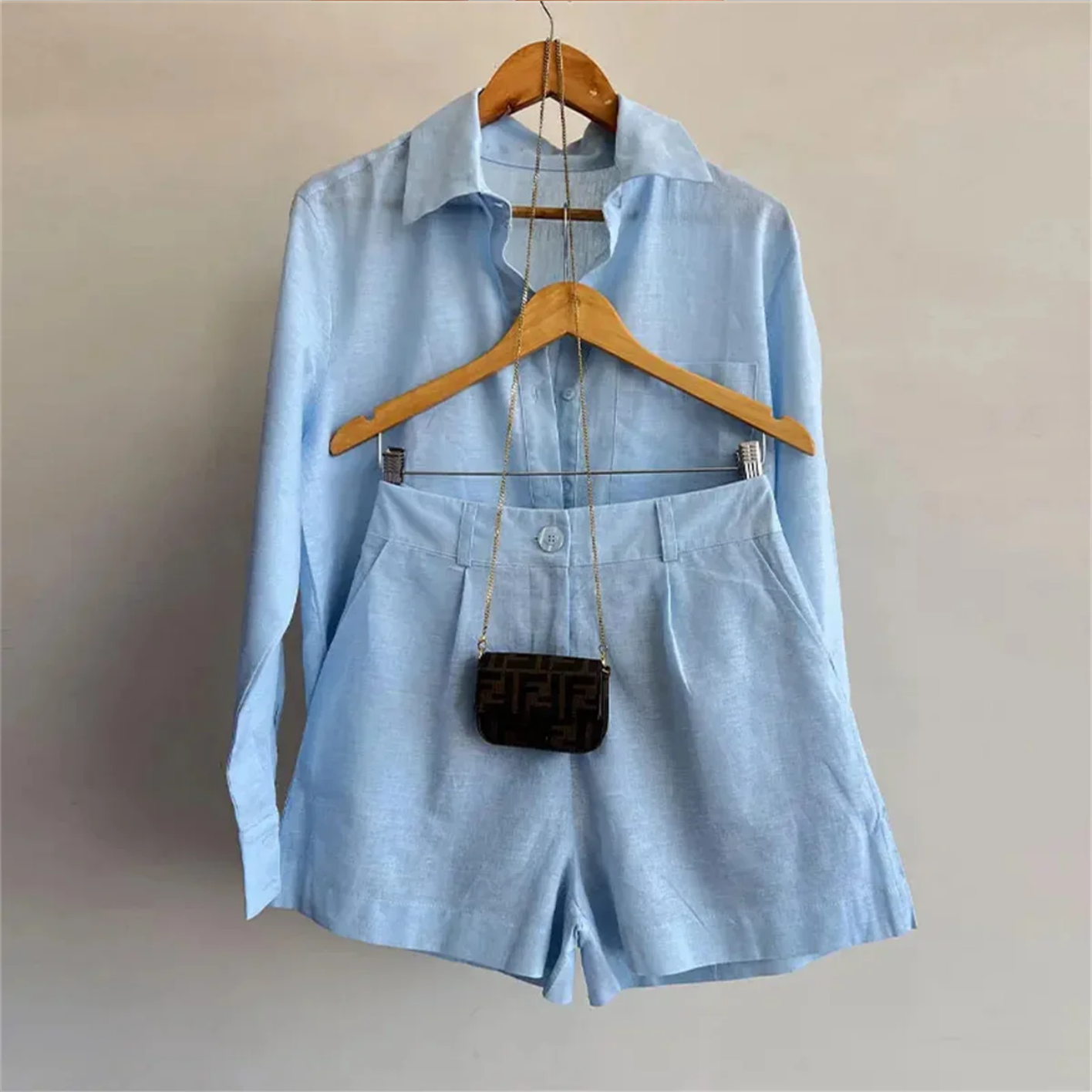Shirts Long Sleeve Cotton Linen Loose Blouse High Waist Shorts Suit