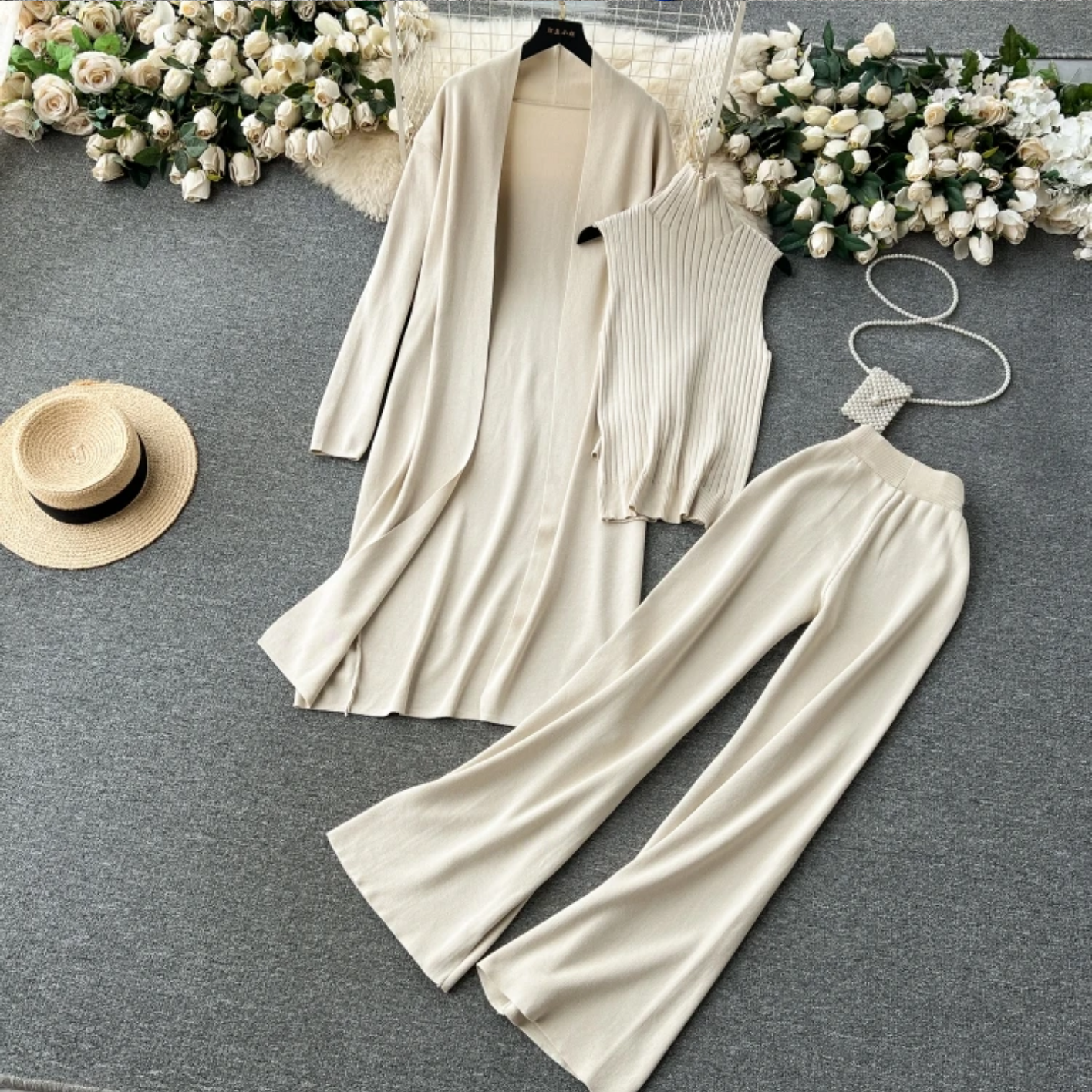 Spring Autumn Knitted  3 pieces outfit set High Neck Vest Cardigan Coat Pants