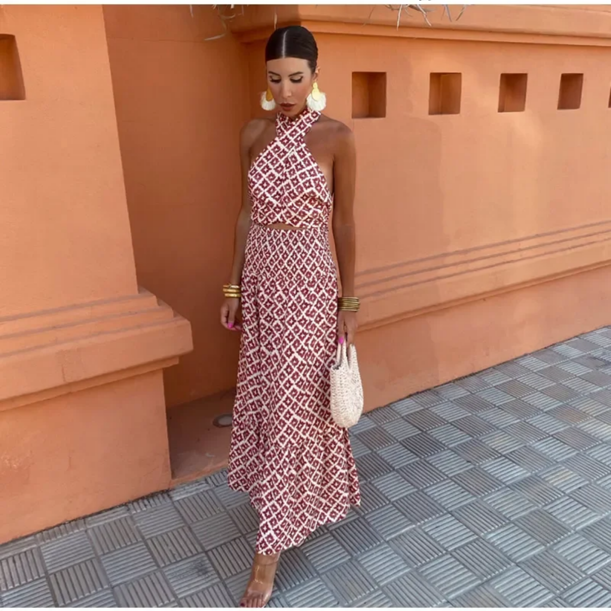 Summer Fashion Print Sleeveless Backless Top A-line Skirts Suit