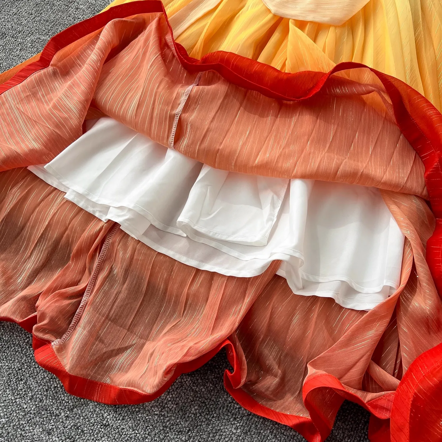 Summer Luxury Gradient Color  Lace Up Bright Silk Chiffon Dress