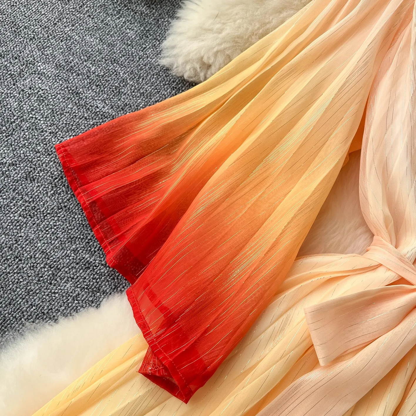 Summer Luxury Gradient Color  Lace Up Bright Silk Chiffon Dress