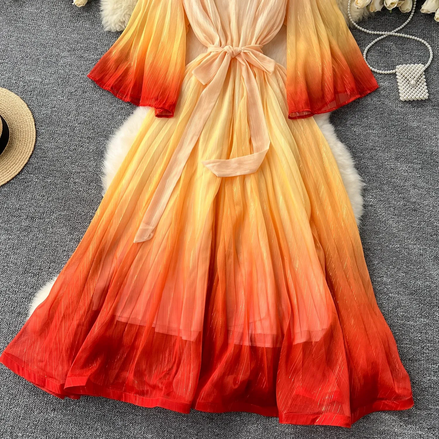 Summer Luxury Gradient Color  Lace Up Bright Silk Chiffon Dress