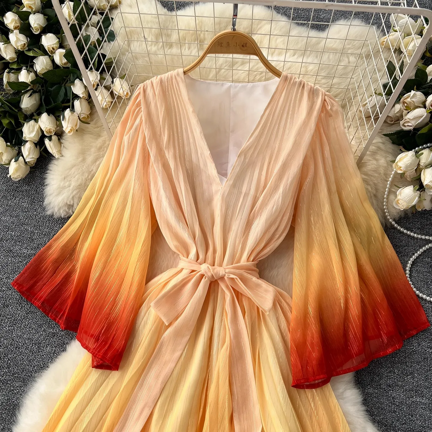 Summer Luxury Gradient Color  Lace Up Bright Silk Chiffon Dress