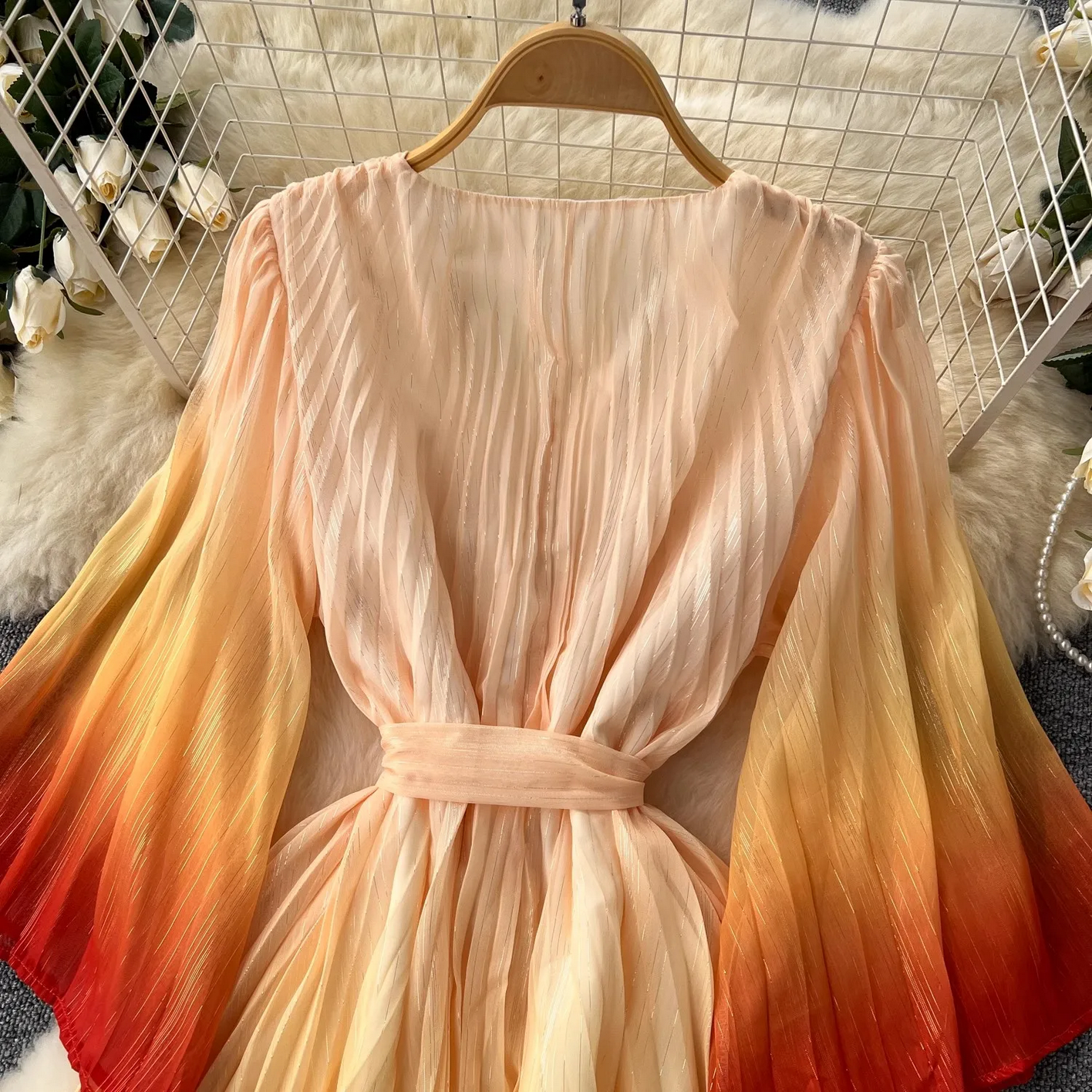Summer Luxury Gradient Color  Lace Up Bright Silk Chiffon Dress