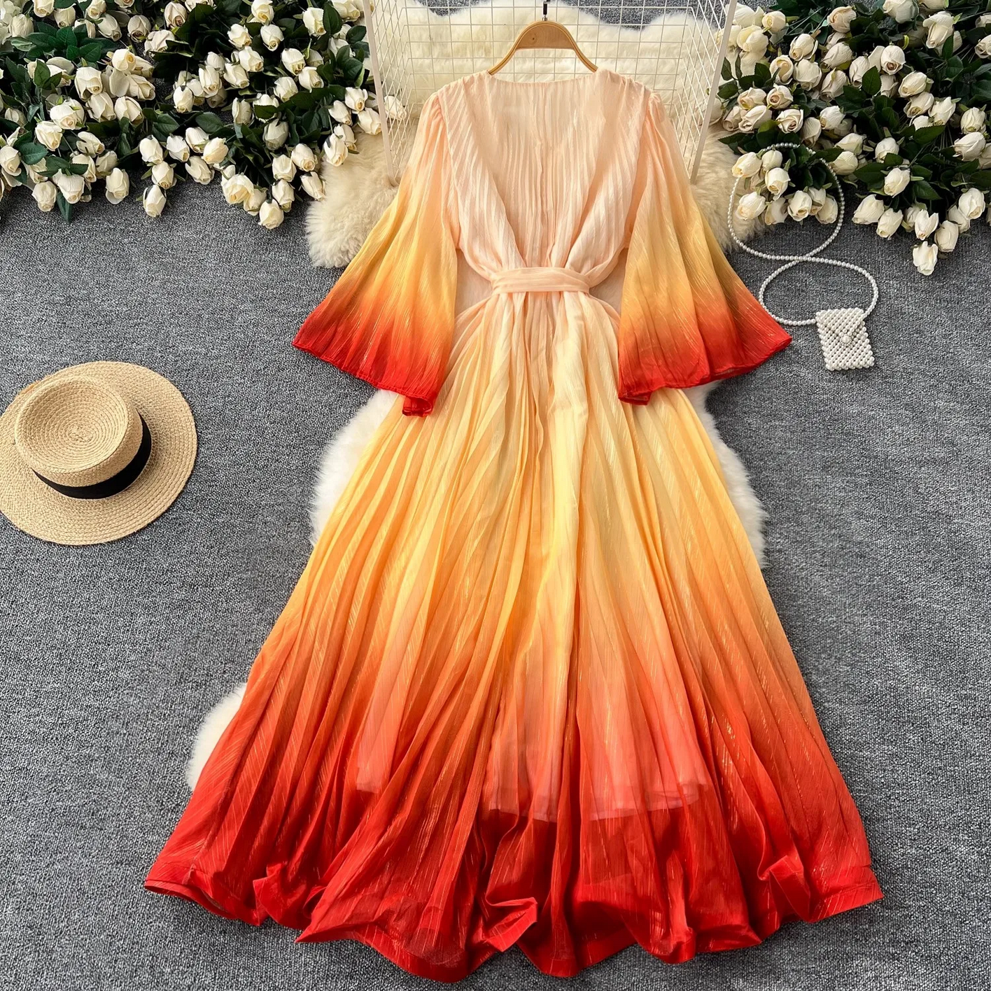 Summer Luxury Gradient Color  Lace Up Bright Silk Chiffon Dress