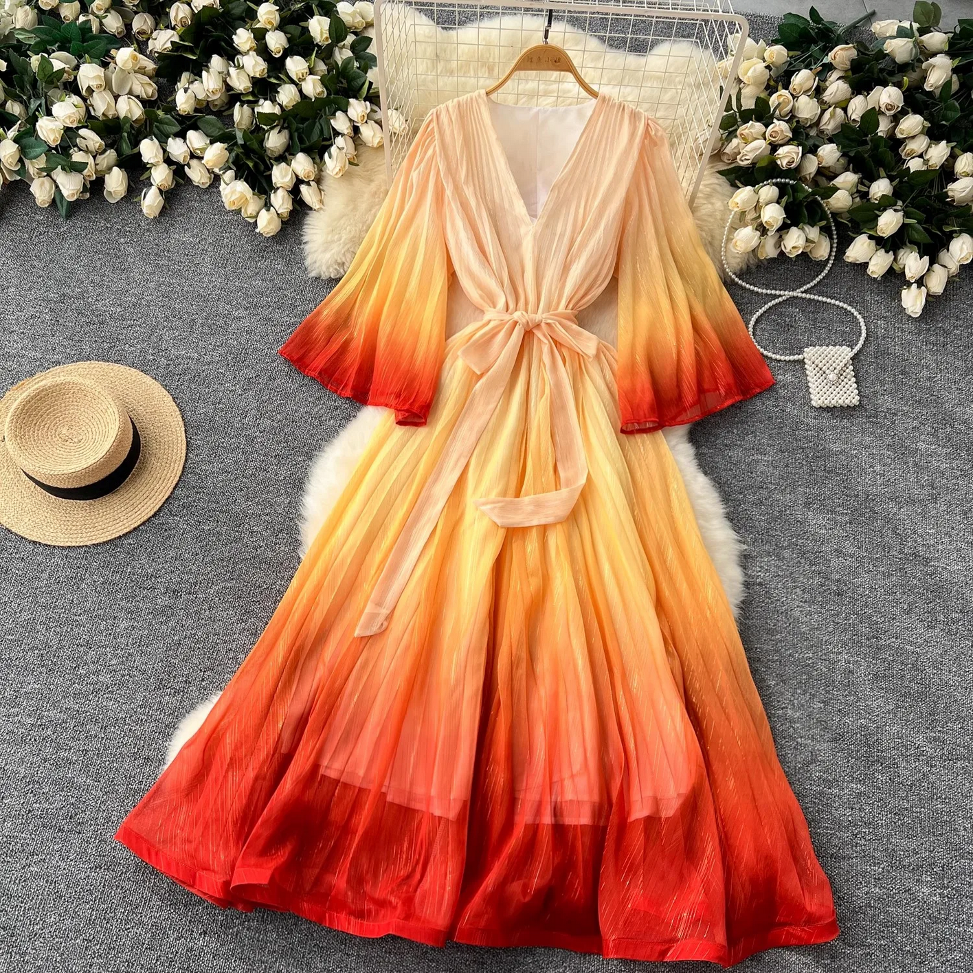Summer Luxury Gradient Color  Lace Up Bright Silk Chiffon Dress